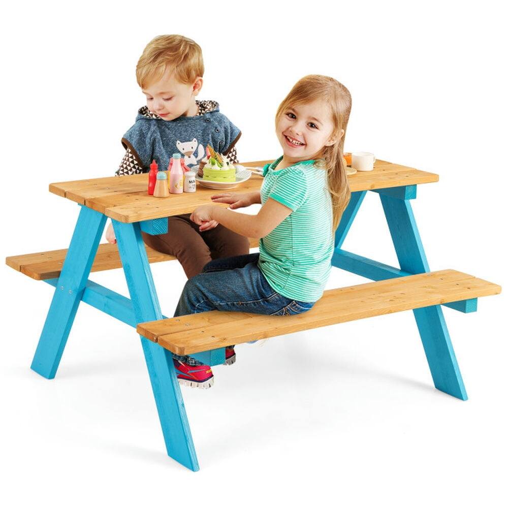 Back. Pefilos - Children Outdoor Wooden Table with Bench Seats for Indoor and Outdoor Use-Natural, Toddler Table and Chair Set for Arts - Blue.