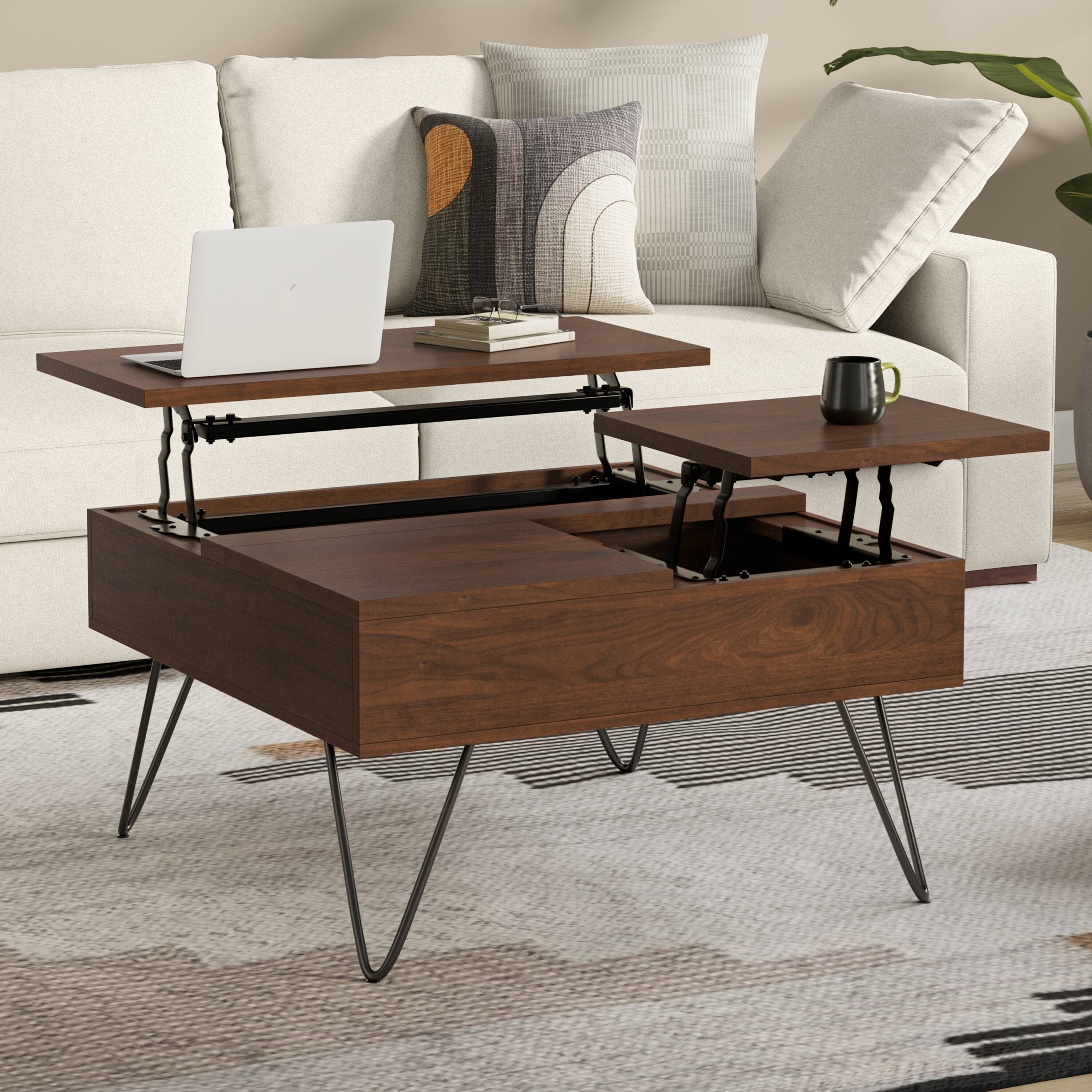 Angle. Simpli Home - Hunter  32 inch Wide Square Industrial Lift Top Coffee Table in Walnut - Walnut.