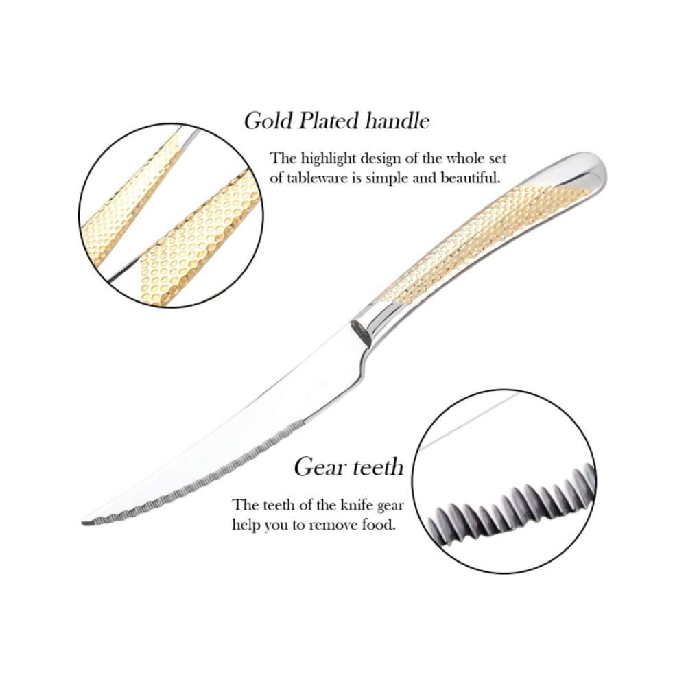 Gold Plated handle The highlight design of the whole set of tableware is simple and beautiful. Gear teeth The teeth of the knife gear help you to remove food.