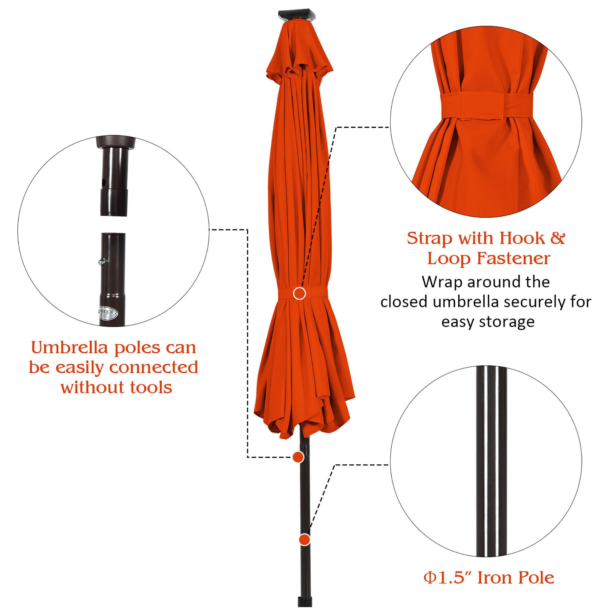 Umbrella poles can be easily connected without tools. The strap with hook and loop fastener wraps around the closed umbrella securely for easy storage. The umbrella has a 1.5" iron pole.