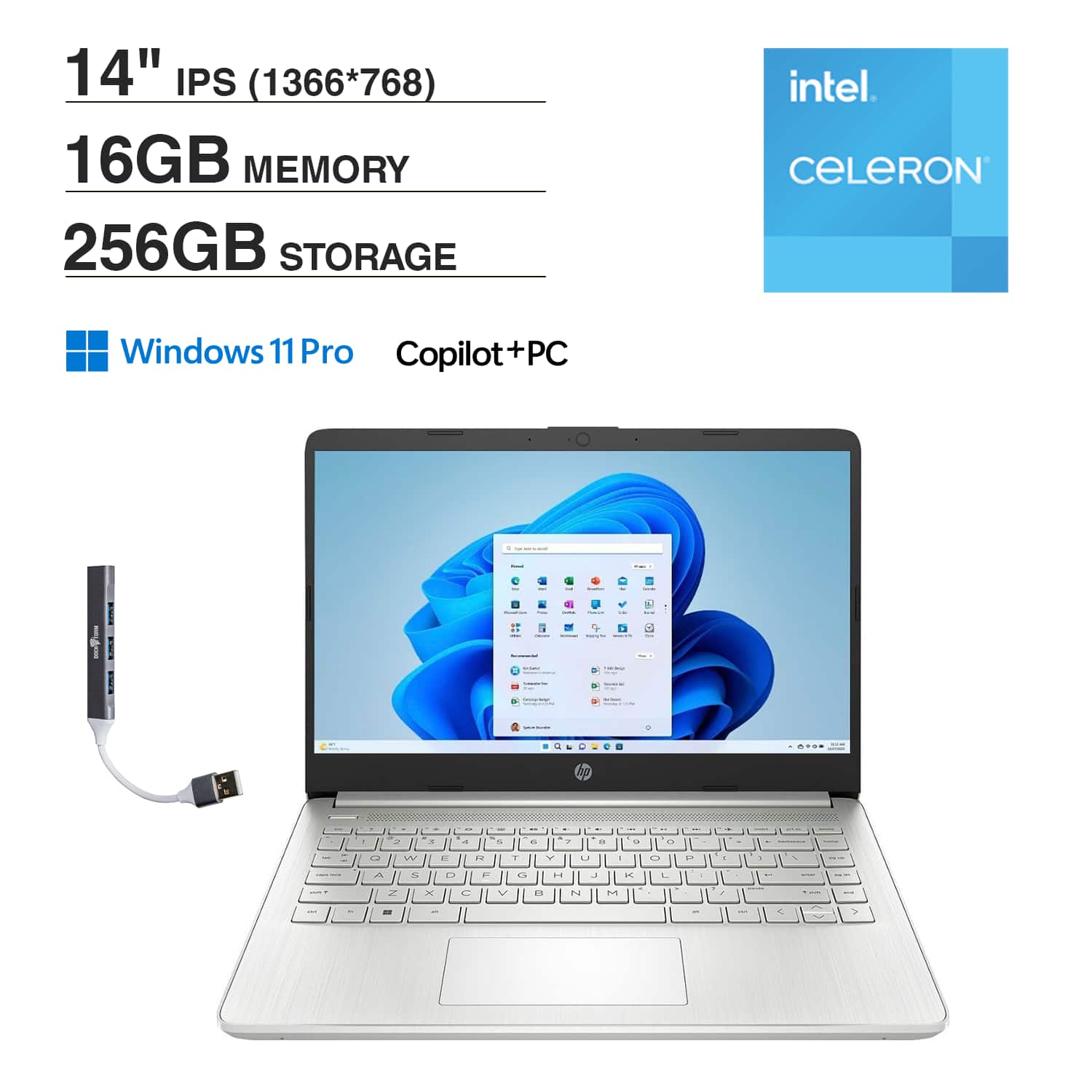 14" IPS (1366*768)  
16GB MEMORY  
256GB STORAGE  
intel Celeron  
Windows 11 Pro  
Copilot+PC
