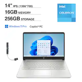 HP - 14 Laptop 14.0 HD Display (Intel Celeron N4500, 16GB DDR4, 256GB PCIe SSD, Intel UHD, Win 11 Pro) w/USB Hub - Snowflake White