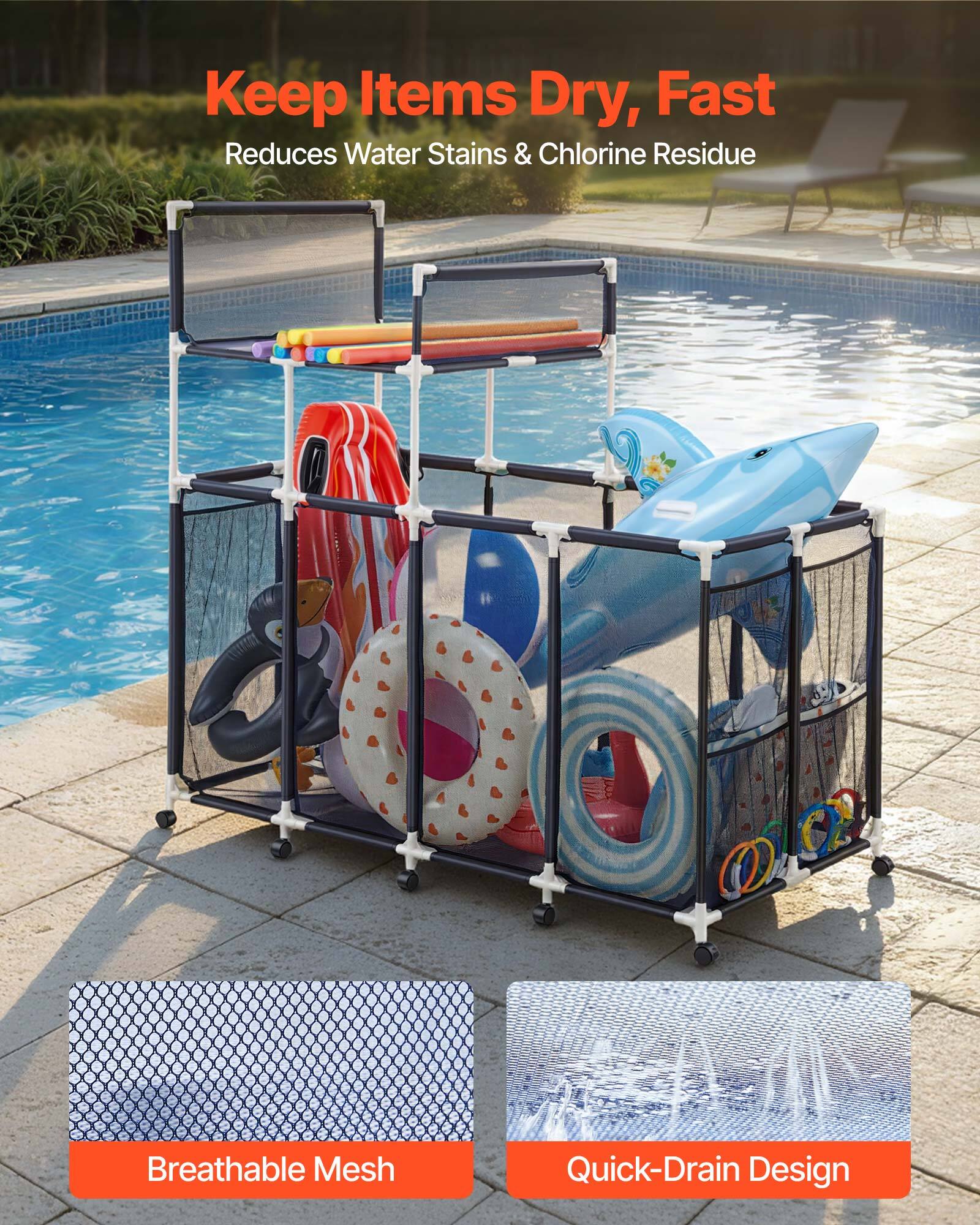 Keep Items Dry, Fast  
Reduces Water Stains & Chlorine Residue  

Breathable Mesh  
Quick-Drain Design