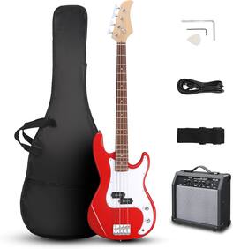 Winado - 4 String Bass Guitar, Full-Size Electric Bass Guitar Kit Includes 20W AMP, Portable Gip Bag Adjustable Guitar Strap - Red