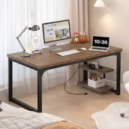 Dyonery - 63-in computer desk, metal frame, rechargeable, corner-style desk, suitable for office use in living rooms - Brown