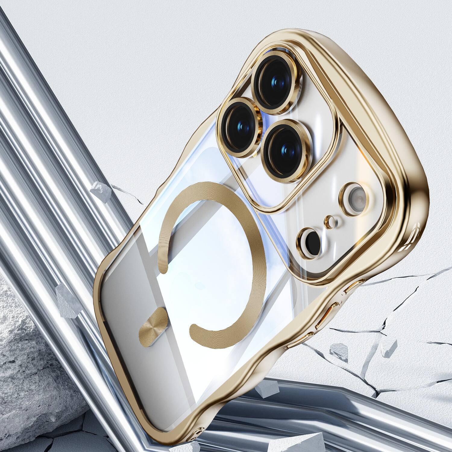 Back. Dteck - Magnetic Case For iPhone 17 Pro Max With Built-in Lens Protector Shockproof Plating Curly Wavy Frame Clear Back Cover - Gold.