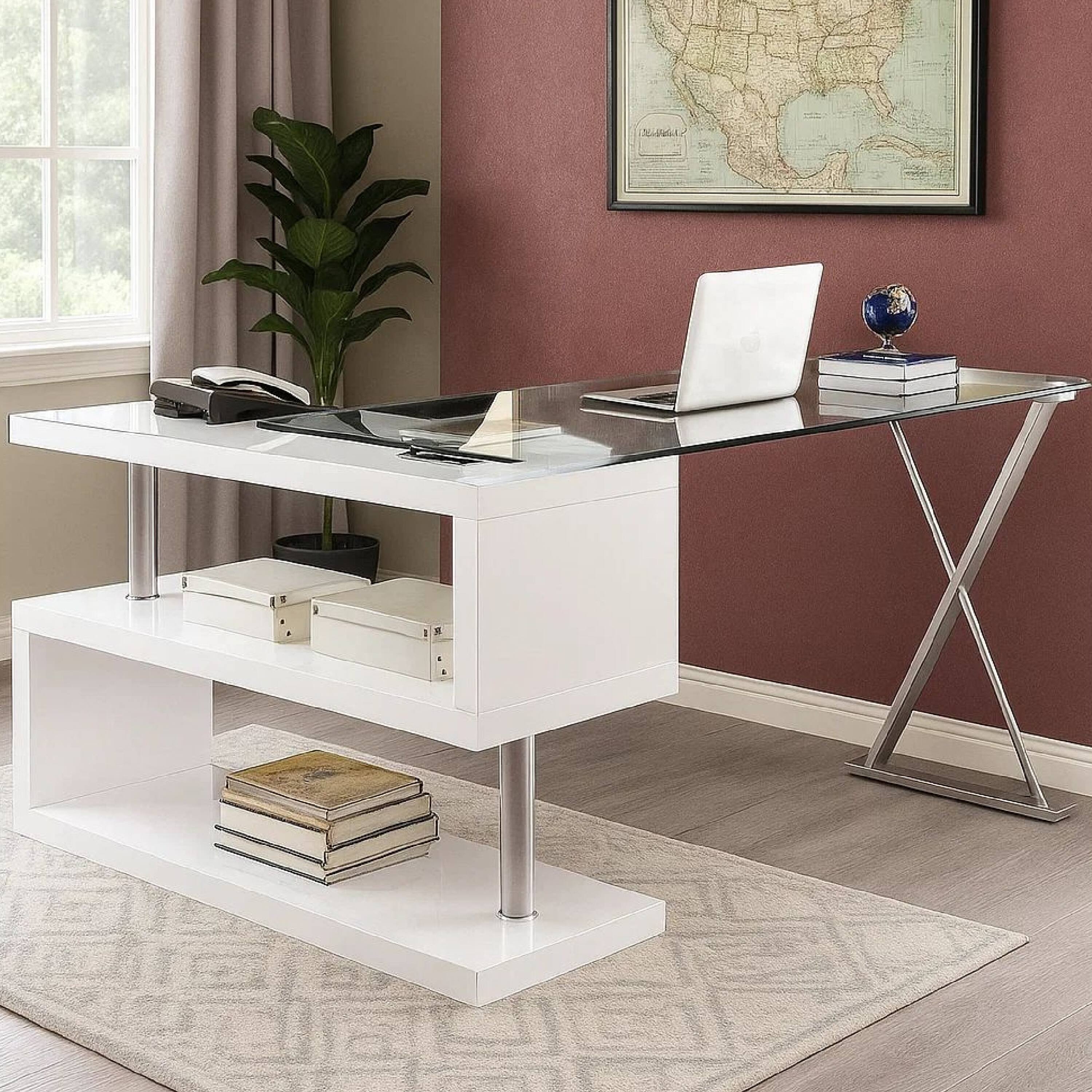 Alt View 3. Manhattan Lane - Movable Glass Top Desk with X Shaped Side Panel, White and Clear - White and Clear.