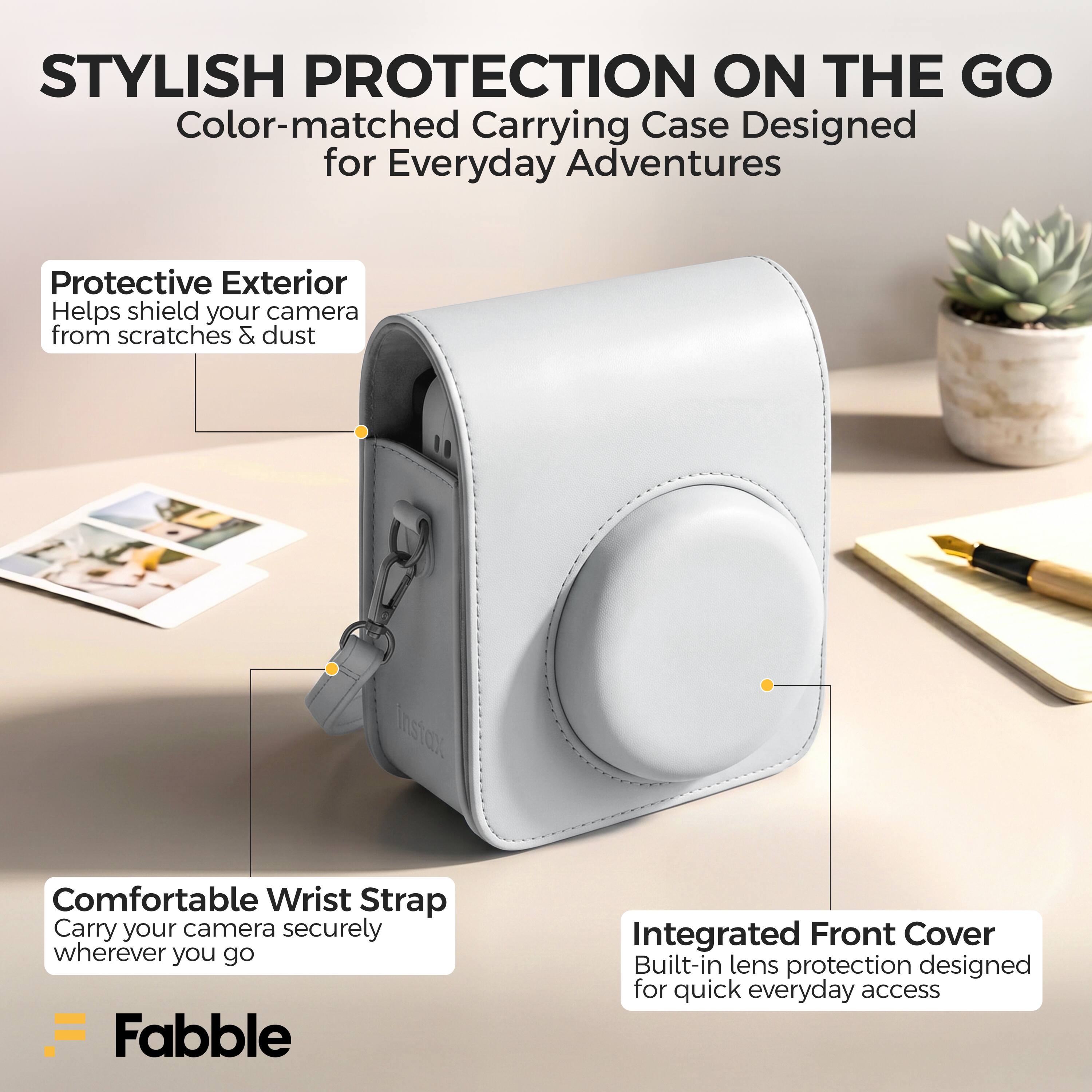 STYLISH PROTECTION ON THE GO  
Color-matched Carrying Case Designed for Everyday Adventures  

Protective Exterior  
Helps shield your camera from scratches & dust  

Comfortable Wrist Strap  
Carry your camera securely wherever you go  

Integrated Front Cover  
Built-in lens protection designed for quick everyday access  

Fabble