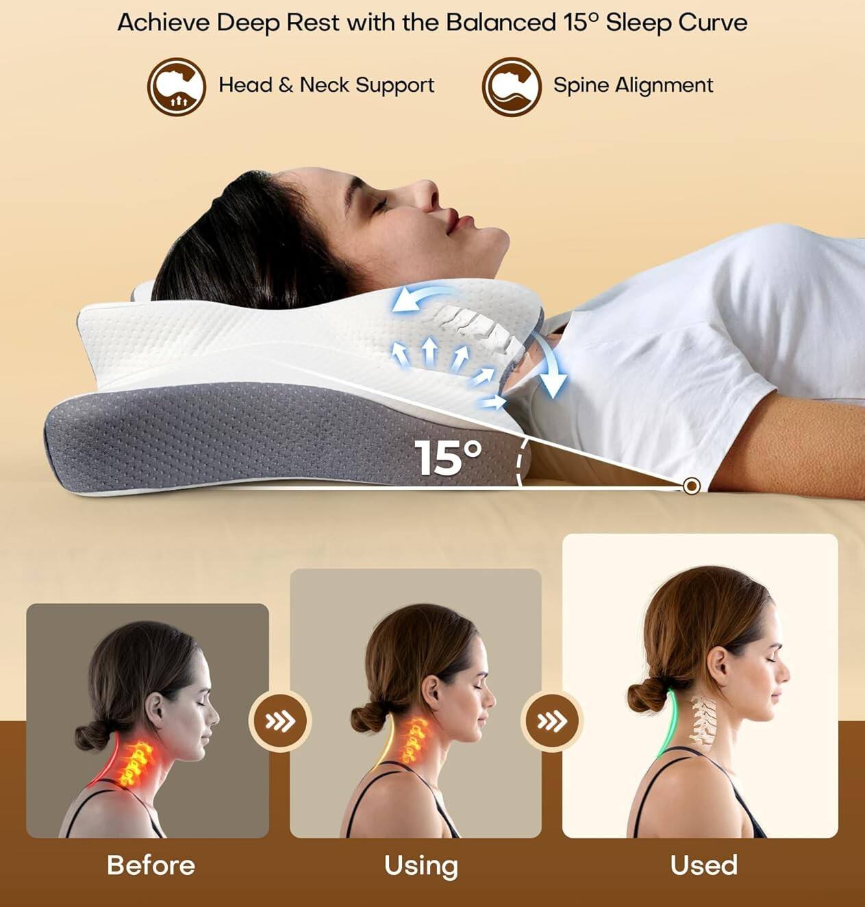 Achieve Deep Rest with the Balanced 15° Sleep Curve

Head & Neck Support
Spine Alignment

15°

Before
Using
Used
