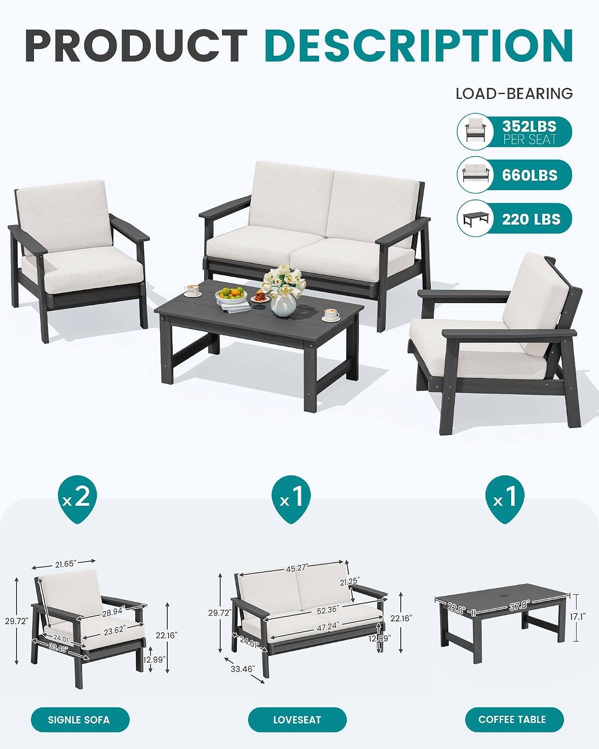 PRODUCT DESCRIPTION

LOAD-BEARING
- 352LBS PER SEAT
- 660LBS
- 220 LBS

SINGLE SOFA
- 29.72" x 22.16" x 12.99"
- 21.65" x 24.01" x 33.46"

LOVESEAT
- 45.27" x 21.25" x 22.16" x 12.99"

COFFEE TABLE
- 22.3" x 37.8" x 17.1"