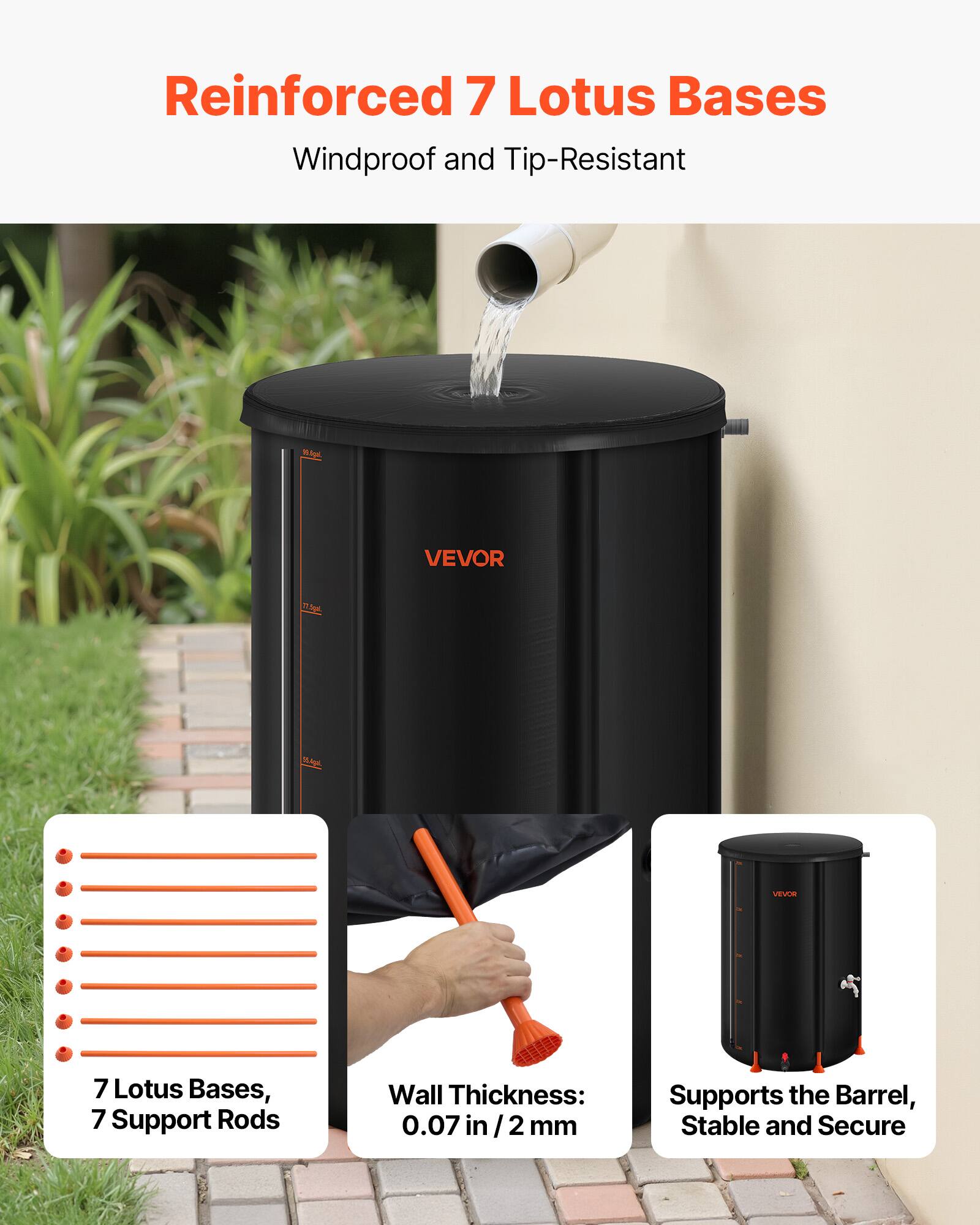 Reinforced 7 Lotus Bases, Windproof and Tip-Resistant

VEVOR

7 Lotus Bases, 7 Support Rods

Wall Thickness: 0.07 in / 2 mm

Supports the Barrel, Stable and Secure