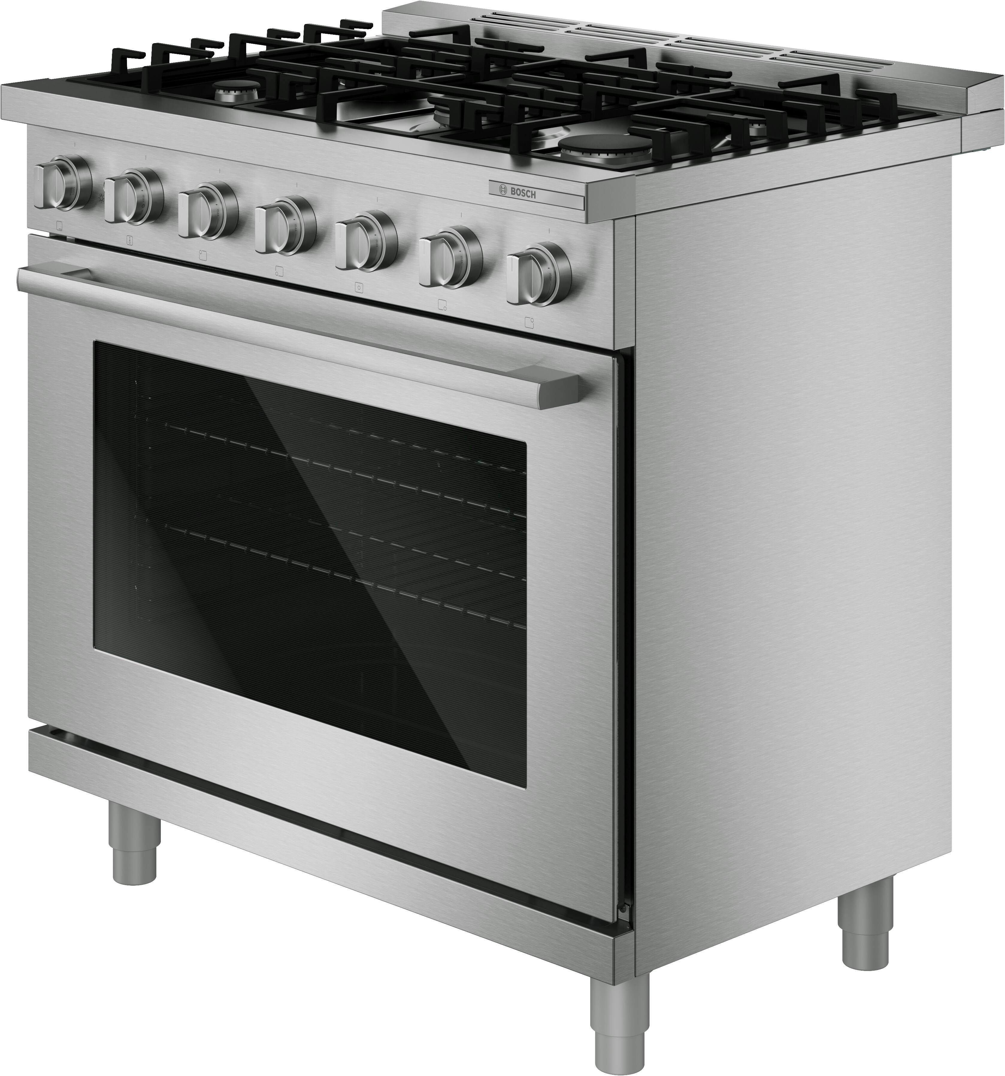 Left. Bosch - 500 Series 36 in. Wide 5.6 Cu. Ft. Convection Industrial Style Gas Range with 5 Burners - Stainless Steel.