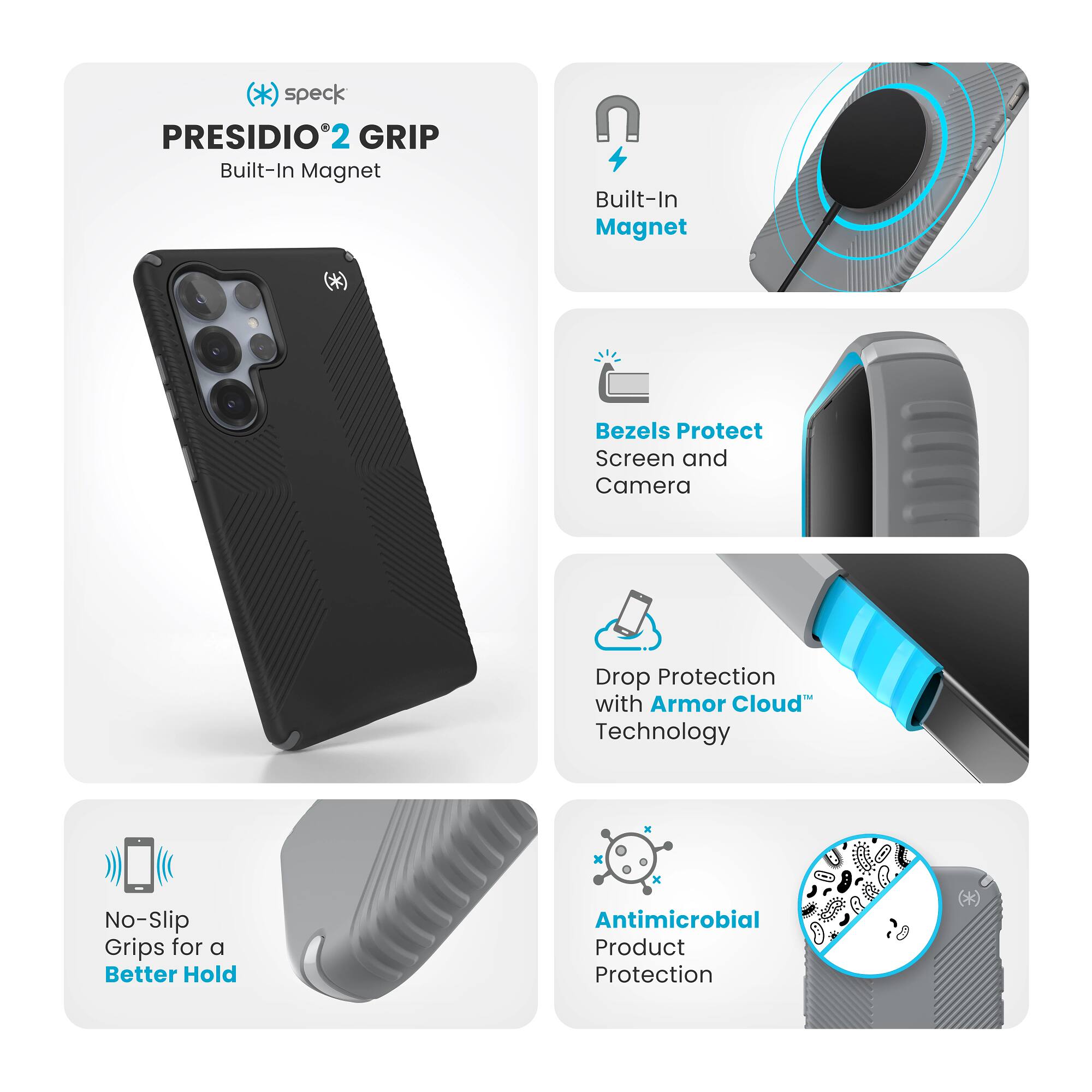 The text on the image is grouped and corrected as follows:

1. Presidio 2 Grip: Built-In Magnet
2. Bezels Protect Screen and Camera
3. Drop Protection with Armor Cloud Technology
4. No-Slip Grips for a Better Hold
5. Antimicrobial Product Protection
6. K x Antimicrobial Product Protection