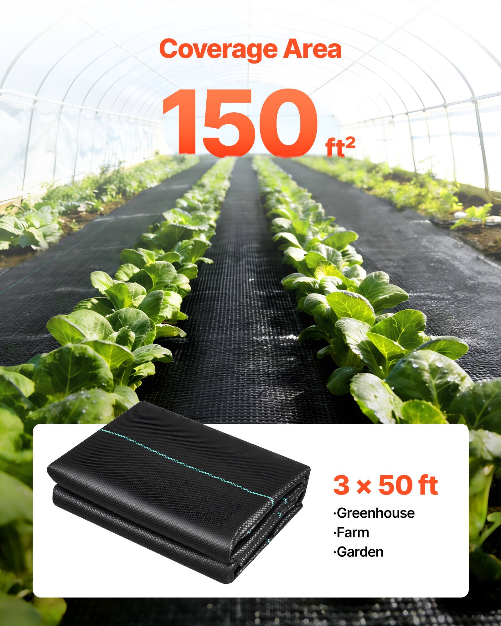 Coverage Area: 150 ft²  
3 x 50 ft  
Greenhouse  
Farm  
Garden