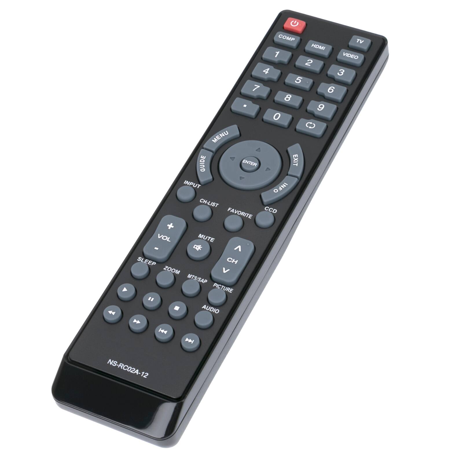 G COMP TV HDMI 1 VIDEO 2 3 4 5 6 7 8 9 0 MENU GUIDE ENTER EXIT INPUT INFO CH-LIST FAVORITE CCD + VOL MUTE - SLEEP CH ZOOM MTS/SAP A PICTURE " 4 AUDIO 4 H44 A NS-RC02A-12