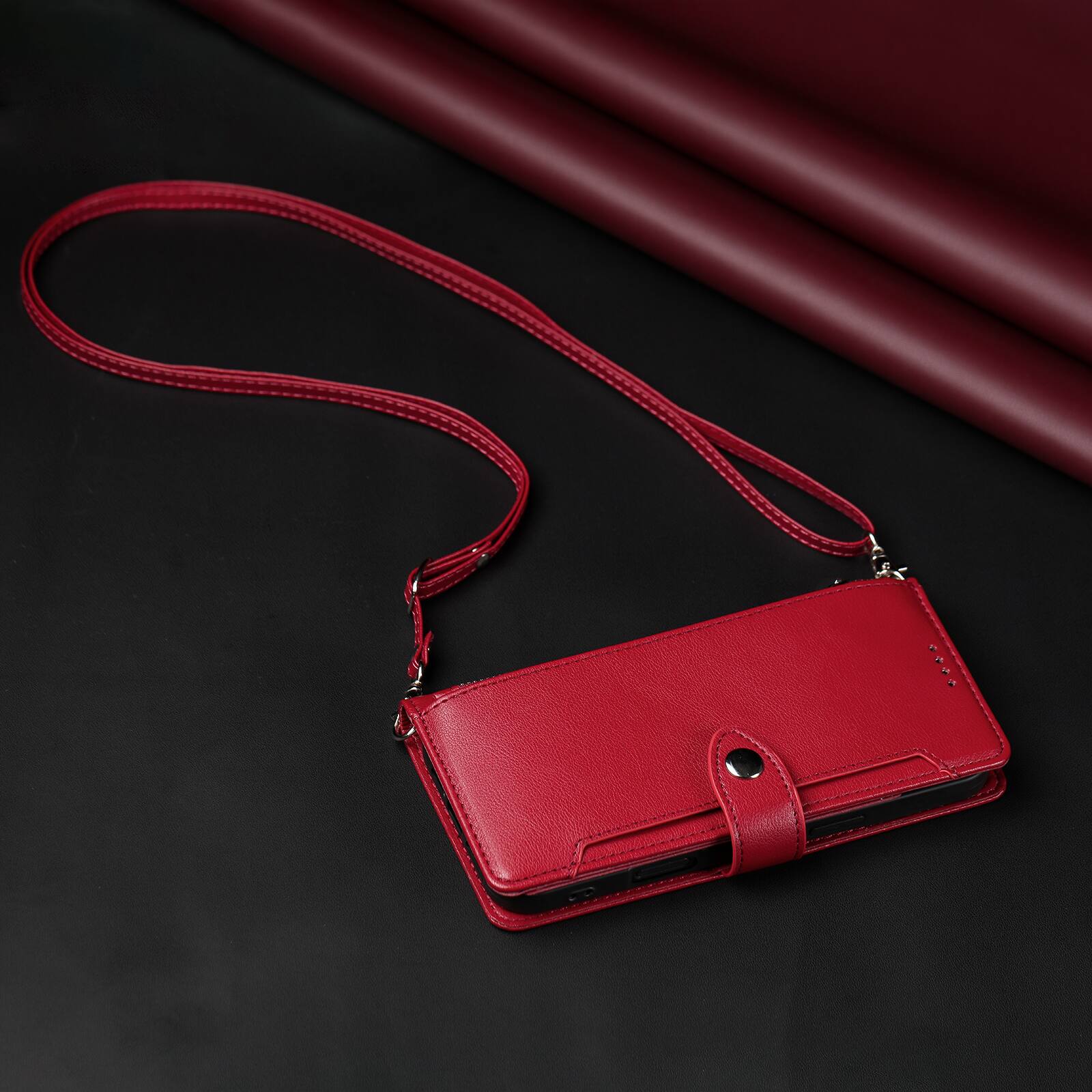 Alt View 1. Dteck - Wallet Case for Samsung Galaxy A16 5G Crossbody Premium Leather Flip Kickstand Zipper Card Slot Cover With Strap+Lanyard - Red.