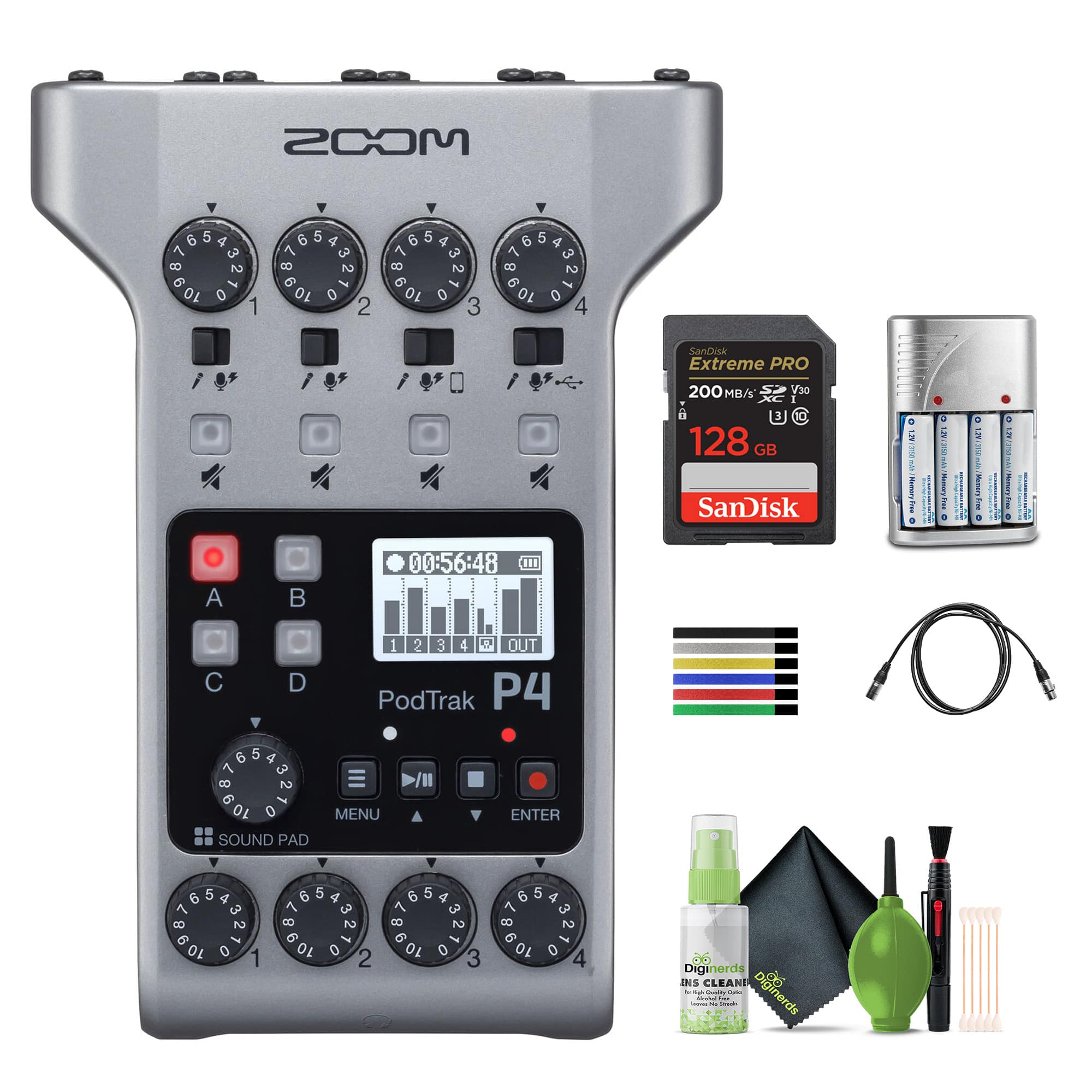 Zoom - PodTrak P4 Podcast Recorder, Battery Powered Bundle