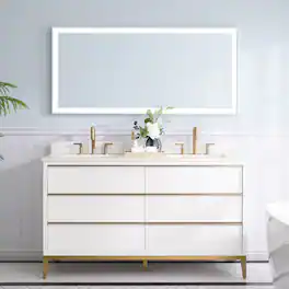 WELLFOR - 60 in Freestanding Solid Wood Bathroom Vanity with Carrara Quartz Vanity Top & 6 Soft-Close Drawers and Backsplash - White