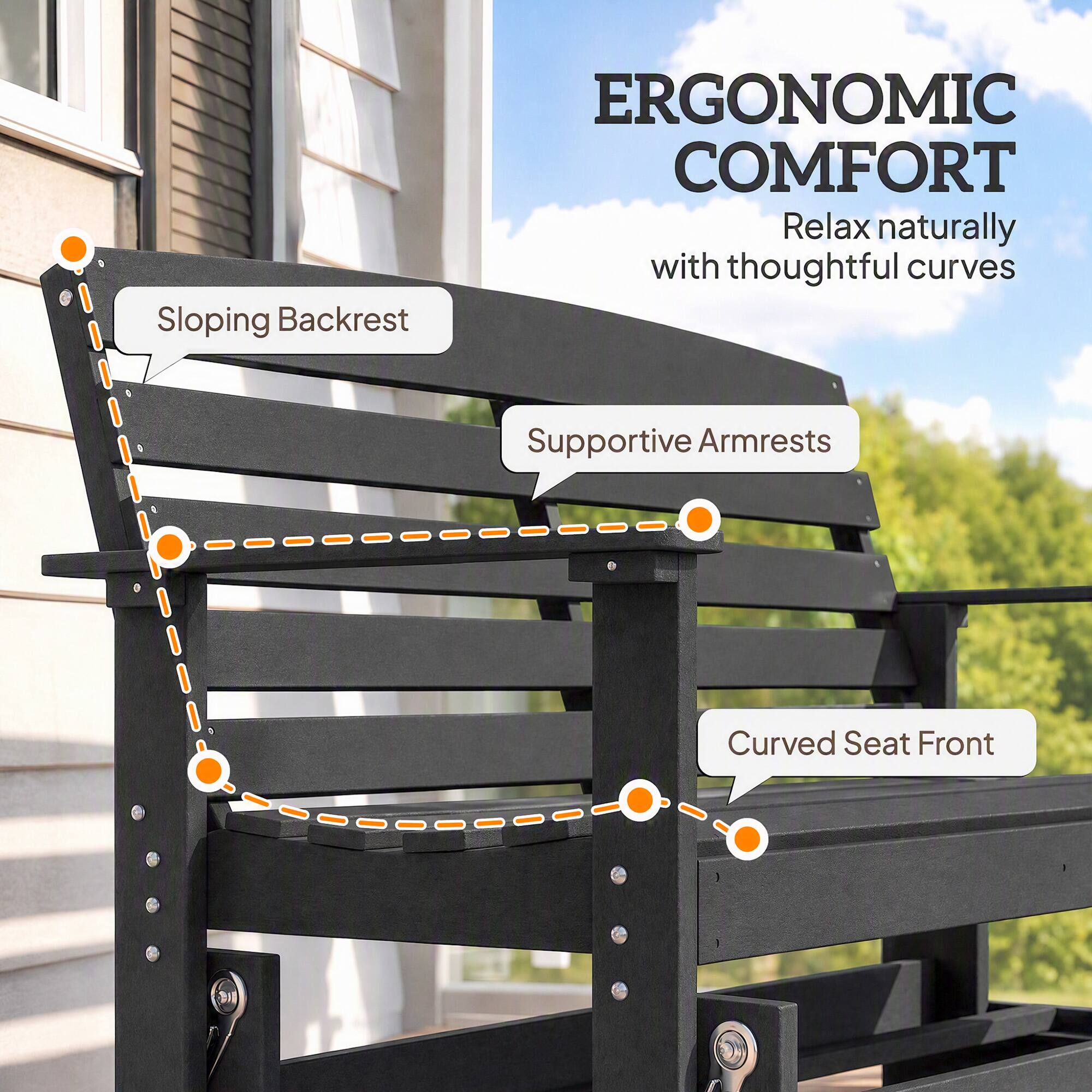 ERGONOMIC COMFORT  
Relax naturally with thoughtful curves

Sloping Backrest  
Supportive Armrests  
Curved Seat Front