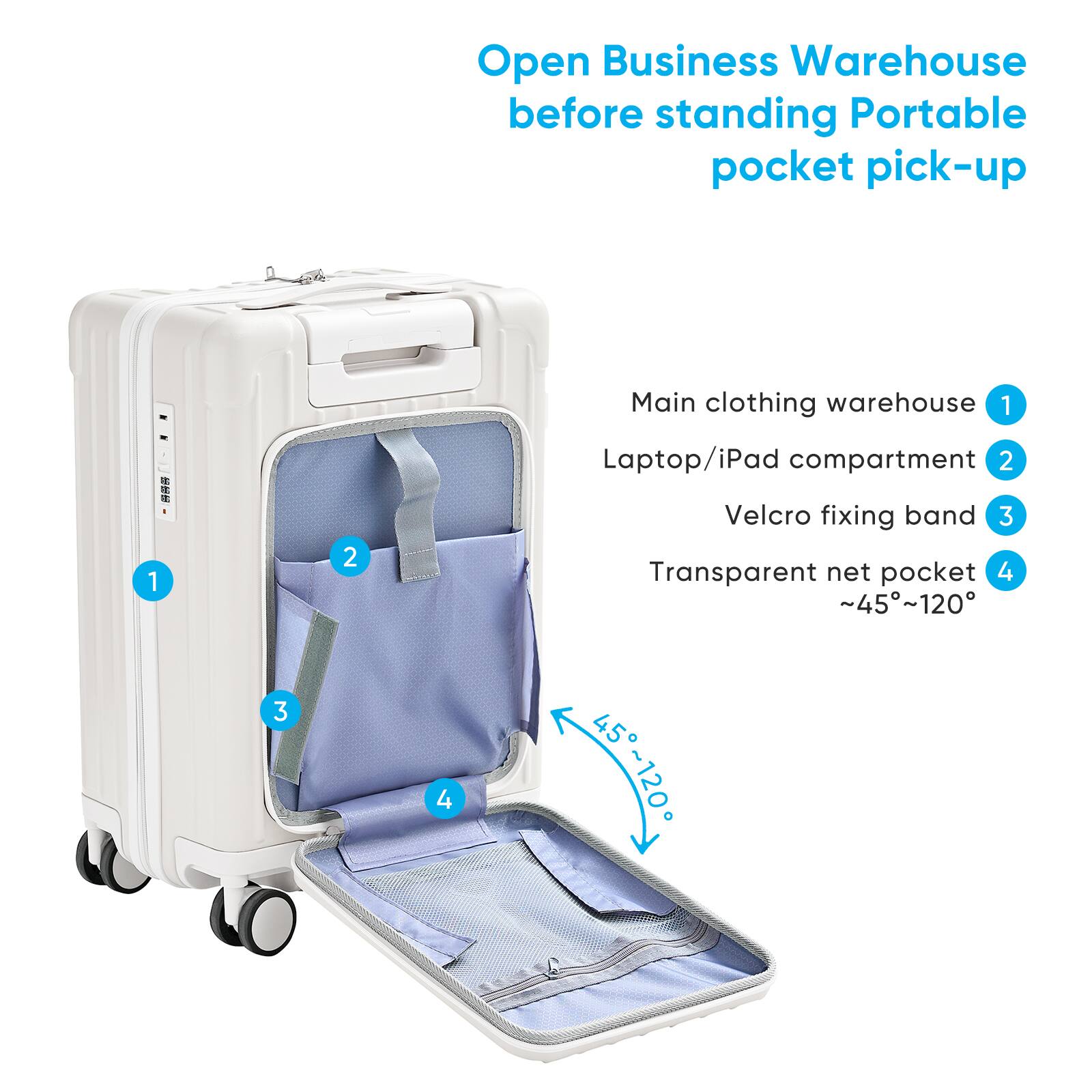 Open Business Warehouse before standing Portable pocket pick-up

1. Main clothing warehouse
2. Laptop/iPad compartment
3. Velcro fixing band
4. Transparent net pocket (~45°~120°)