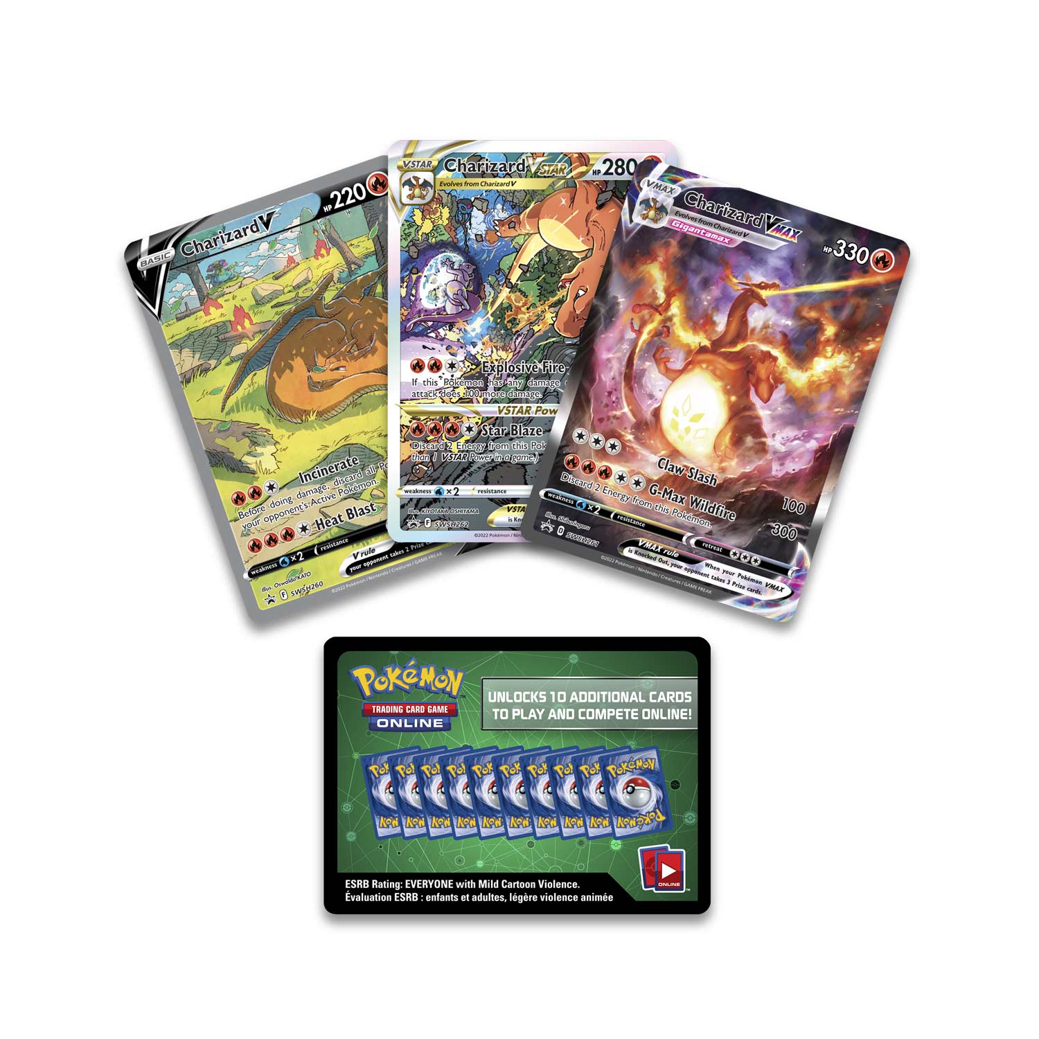 **BASIC Charizard**  
- 220 HP

**STAR Charizard**  
- 280 HP  
- Blaze G-Max Wildfire  
- Claw Slash  
- Heat Blast  
- Incinerate

**VMAX Charizard VMAX**  
- 330 HP  
- G-Max Wildfire  
- Claw Slash  
- Heat Blast

**Pokémon UNLEASHED TO PLAY AND COMPETE ONLINE!**  
- UNLOCKS 10 ADDITIONAL CARDS

**ESRB Rating: EVERYONE with Mild Cartoon Violence**  
- Evaluation ESRB: enfants et adultes, léger violence animée