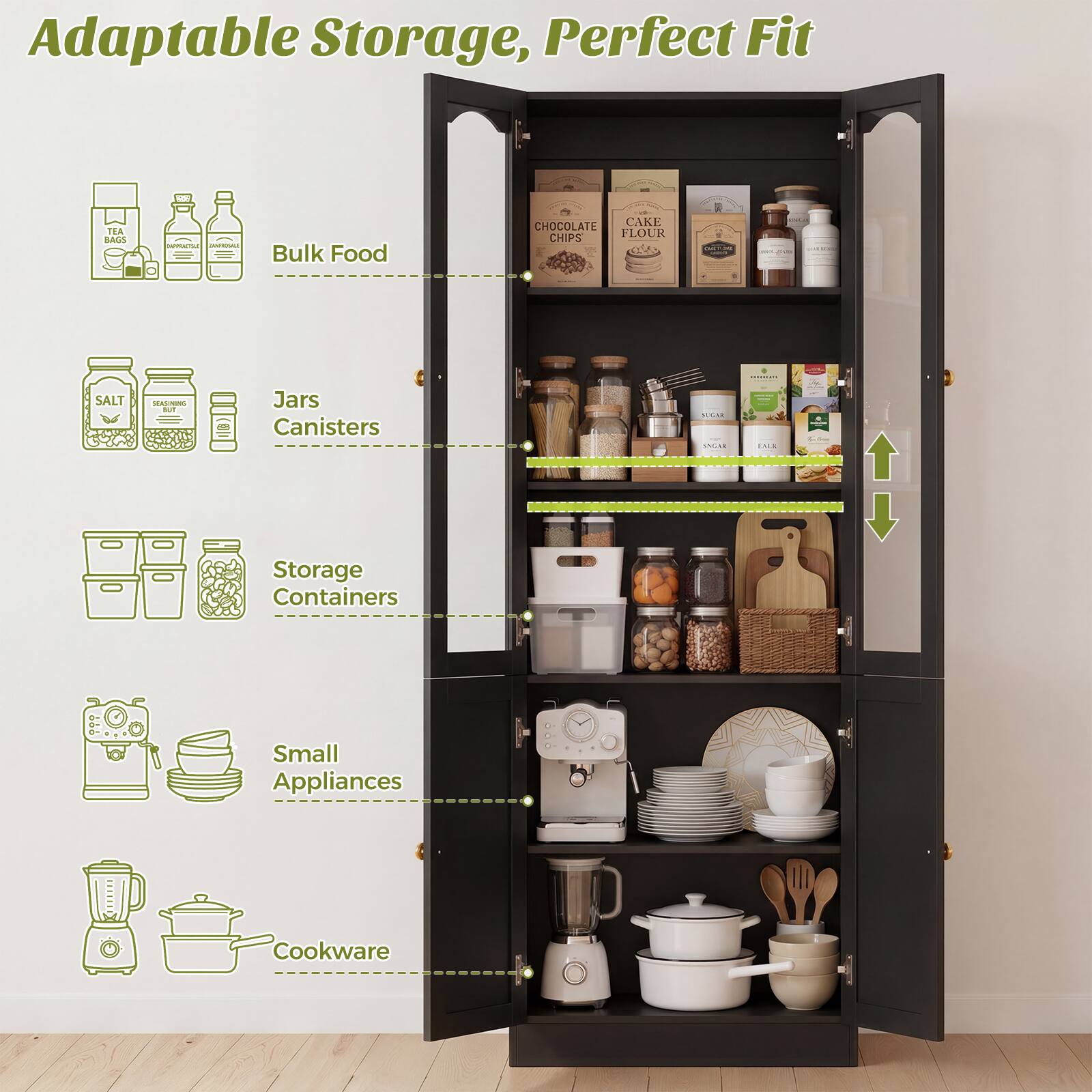Adaptable Storage, Perfect Fit

- Bulk Food
  - TEA
  - CHOCOLATE CAKE CHIPS
  - FLOUR
  - SALT
  - WASHING

- Jars Canisters

- Storage Containers

- Small Appliances

- Cookware