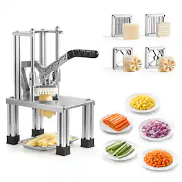 VEVOR - French Fry Cutter, Commercial Vegetable Chopper with 4 Blades (1/4", 3/8", 6-Wedge & Apple Corer), Stainless Steel - Silver