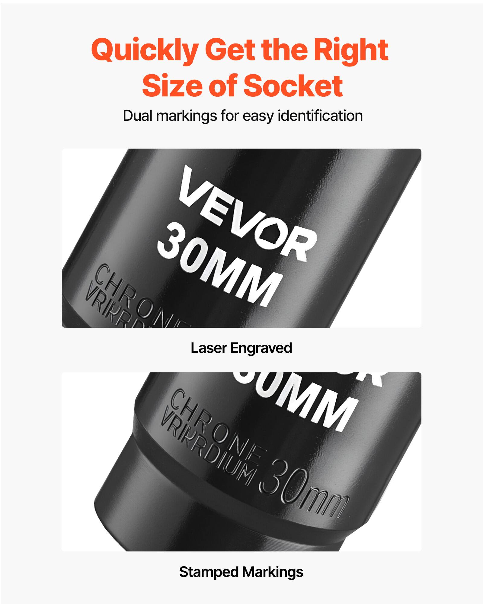 Quickly Get the Right Size of Socket  
Dual markings for easy identification  

30MM  
VEVOR  
CHR ONE  
VRIRR  
Laser Engraved  

CHR O  
VRIRRDIUM  
30mm  
Stamped Markings