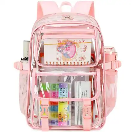 Front. Stamp n Camp - Large Clear Backpack For Women Men 16 Inch Laptop School Bookbag Heavy Duty Pvc Transparent Backpacks College Work - Pink.