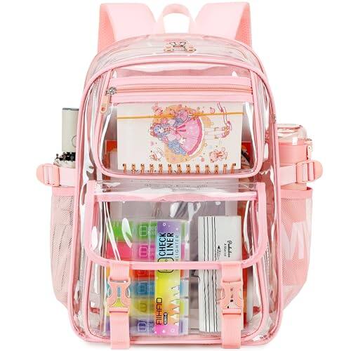 Front. Stamp n Camp - Large Clear Backpack For Women Men 16 Inch Laptop School Bookbag Heavy Duty Pvc Transparent Backpacks College Work - Pink.