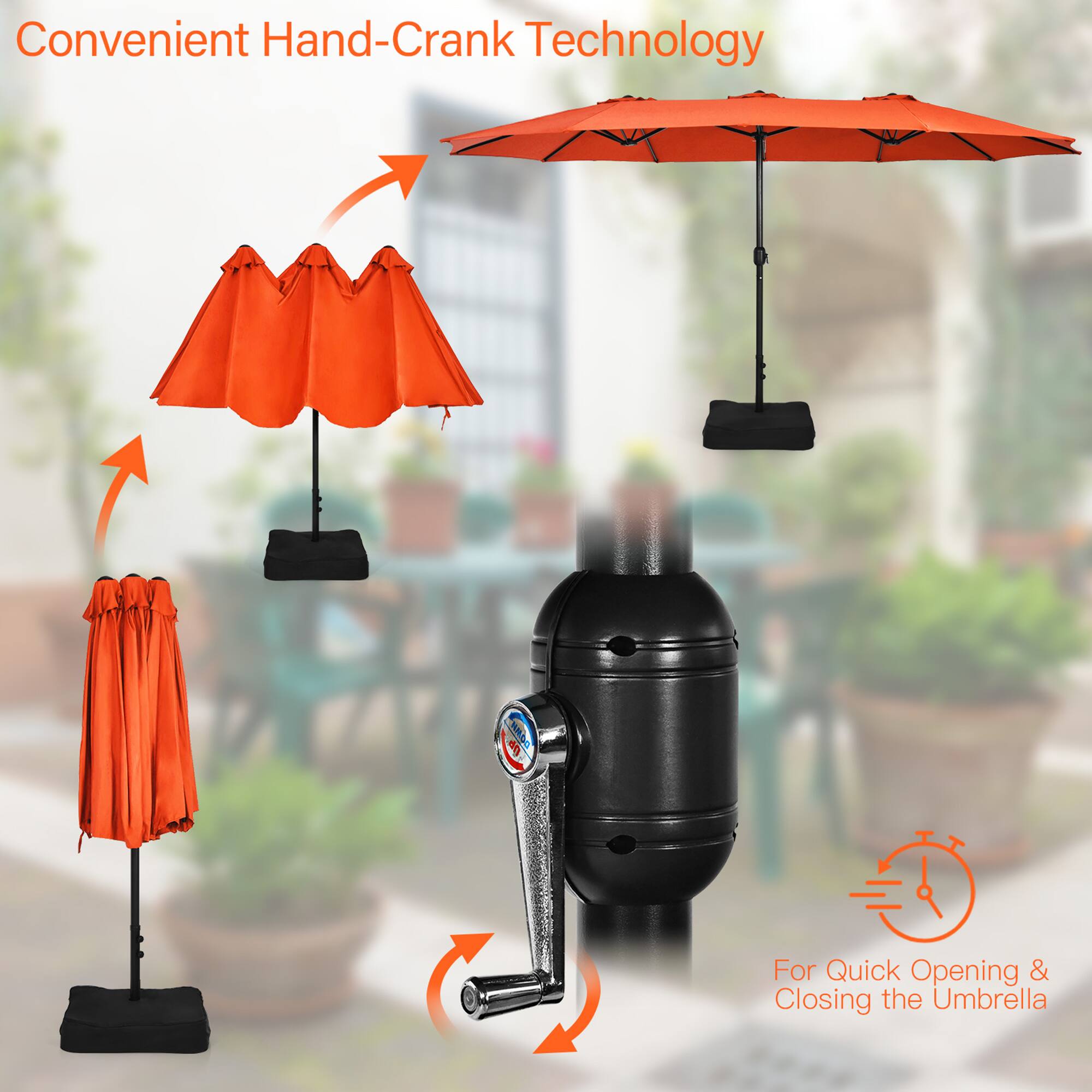 Convenient Hand-Crank Technology
For Quick Opening & Closing the Umbrella