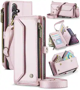 Dteck - Crossbody Wallet Case for Samsung Galaxy S25 FE with Card Slots and Zipper Pocket, RFID Blocking PU Leather Cover - Pink