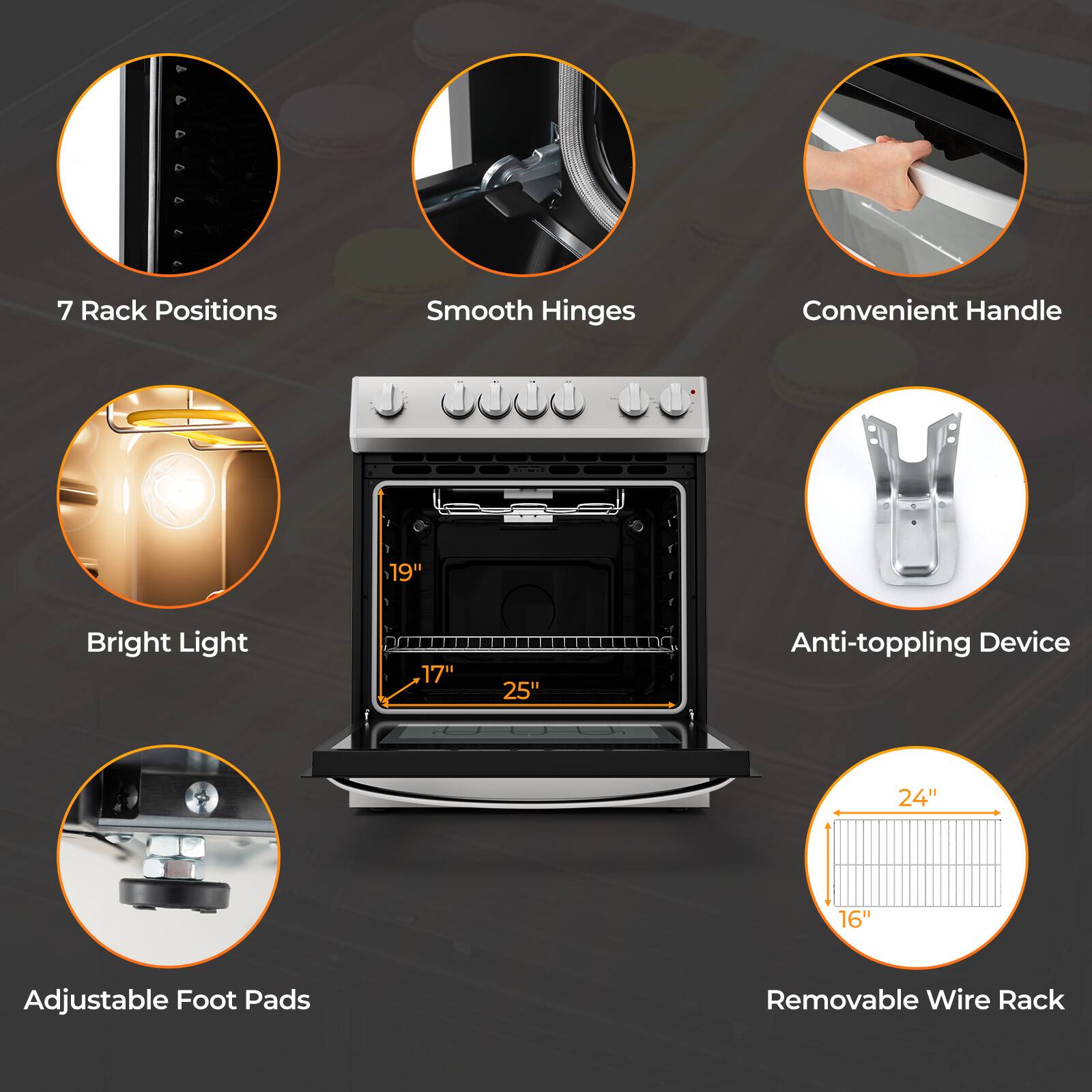 - 7 Rack Positions
- Smooth Hinges
- Convenient Handle
- Bright Light
- Anti-toppling Device
- Adjustable Foot Pads
- Removable Wire Rack

Dimensions:
- 19" (Height)
- 17" (Depth)
- 25" (Width)
- 24" (Height)
- 16" (Width)