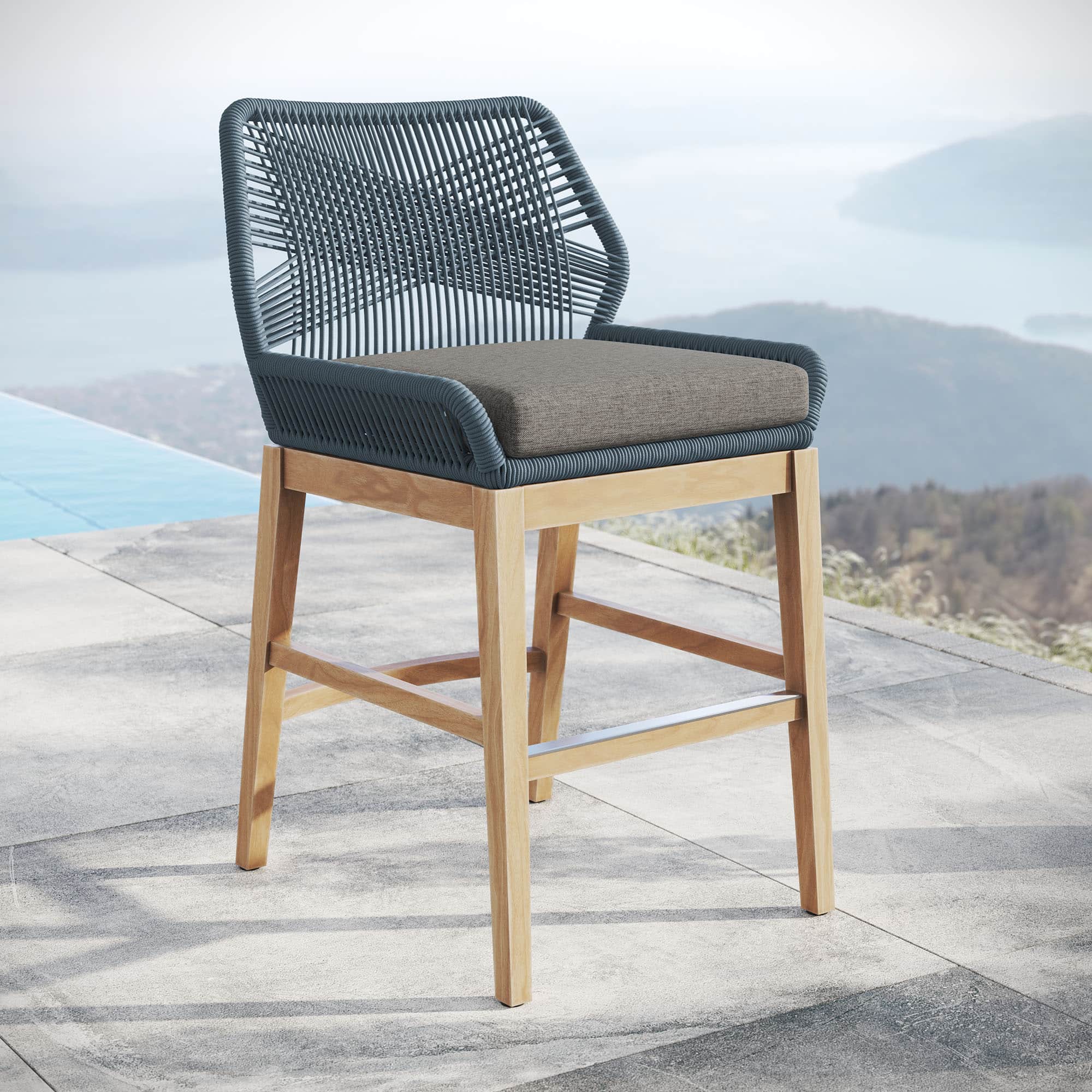 Wellspring Outdoor Patio Teak and Rope Counter Stool by Modway - Blue Graphite