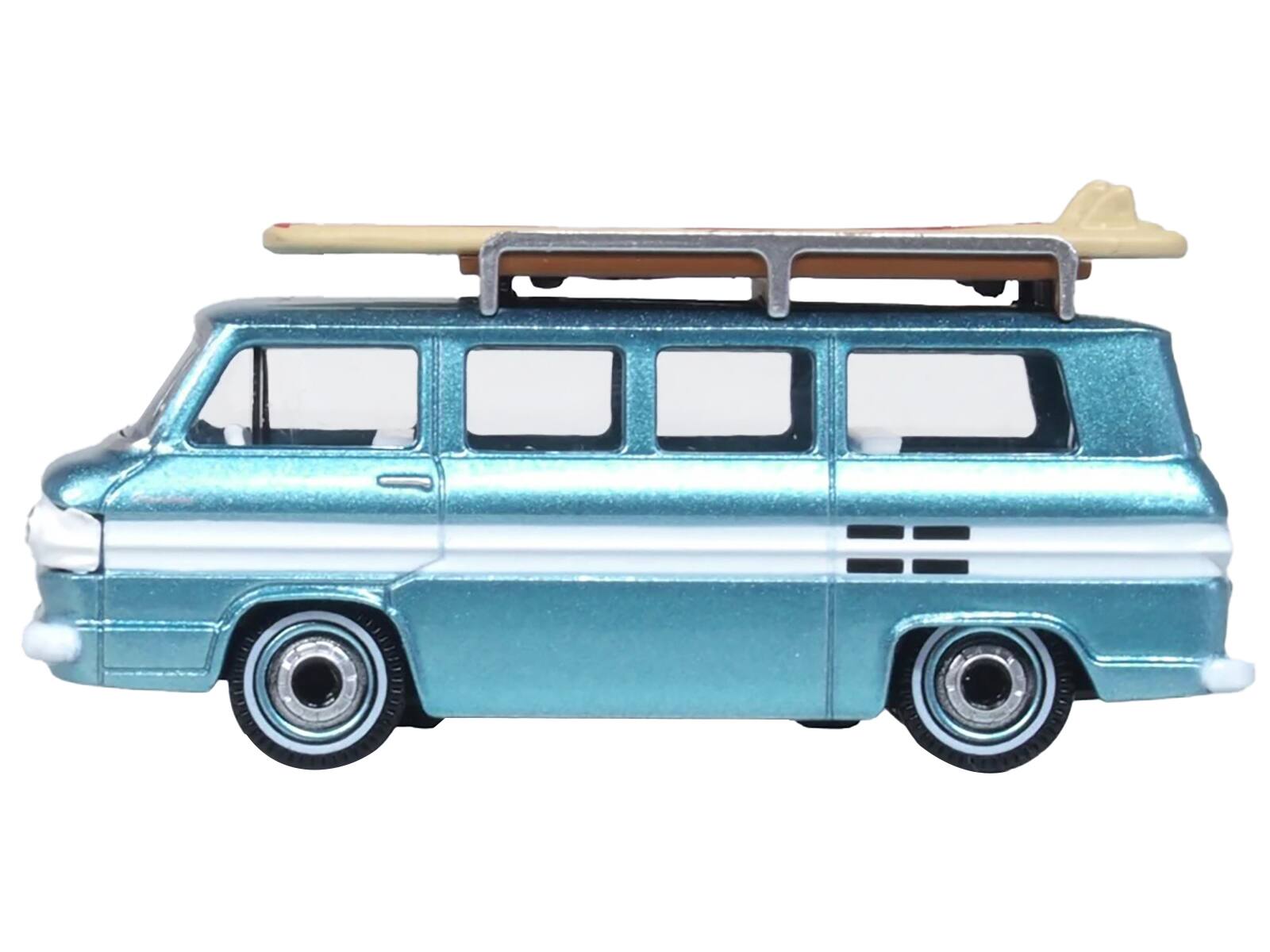 Angle. Oxford Diecast - 1961 Chevrolet Corvair Greenbrier Passenger Wagon Van Turquoise Metallic Cameo White with Surfboards on Roof 1/87 - Turquoise Metallic And Cameo White.