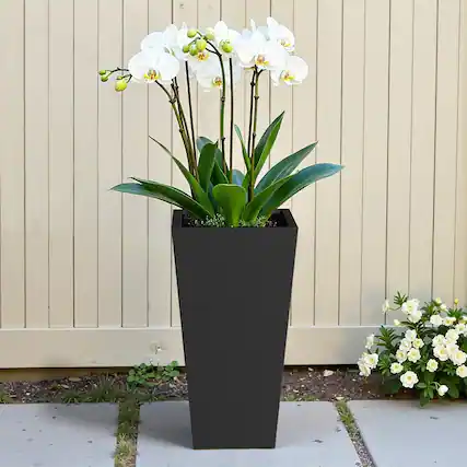 Front. PexFix - 28 in. H Metal Tapered Planter Pot with Drainage Hole – Indoor/Outdoor Planter Box for Patio, Entryway, Balcony, Garden - Black.