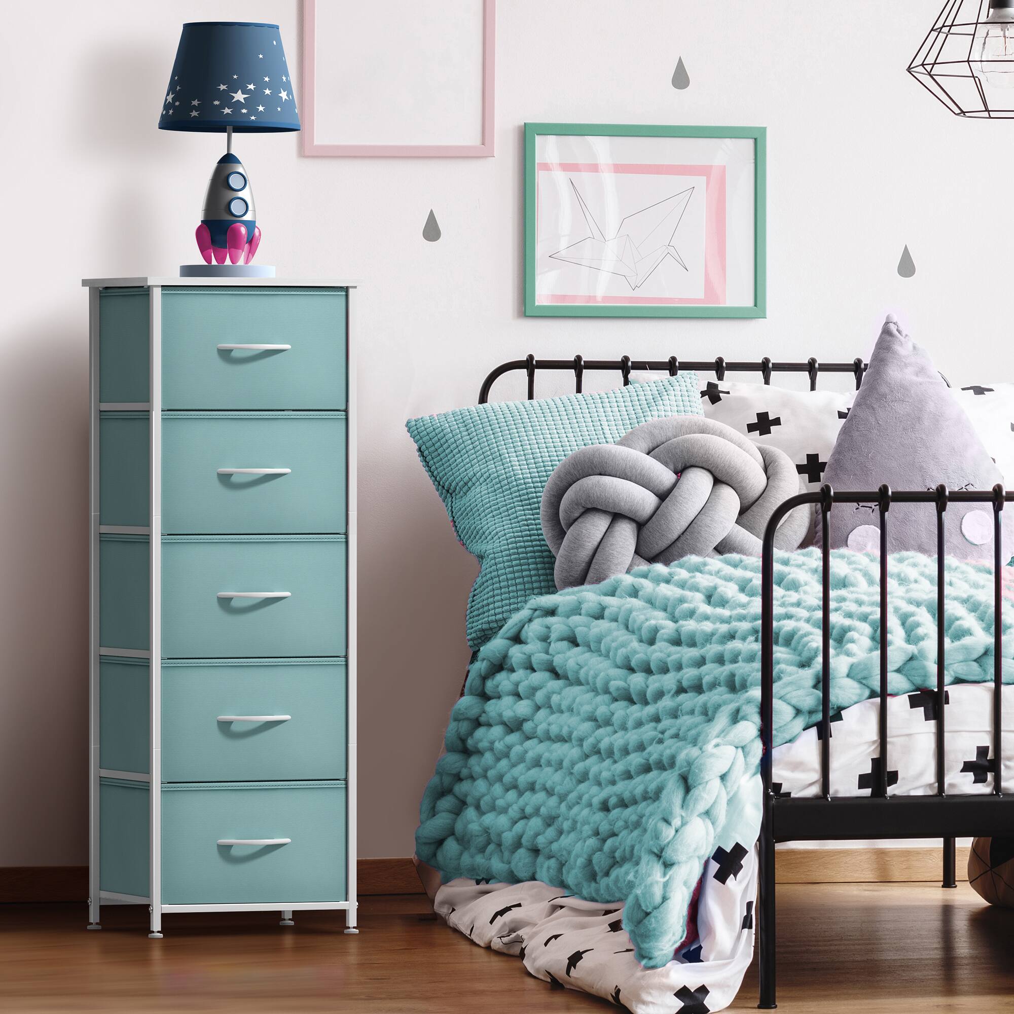Alt View 2. Sorbus - Sorbus Narrow 5 Drawers Nightstand with Steel Frame, Wood Top, Easy Pull Fabric Bins for Home, Bedroom, Office & Dorm - Aqua.