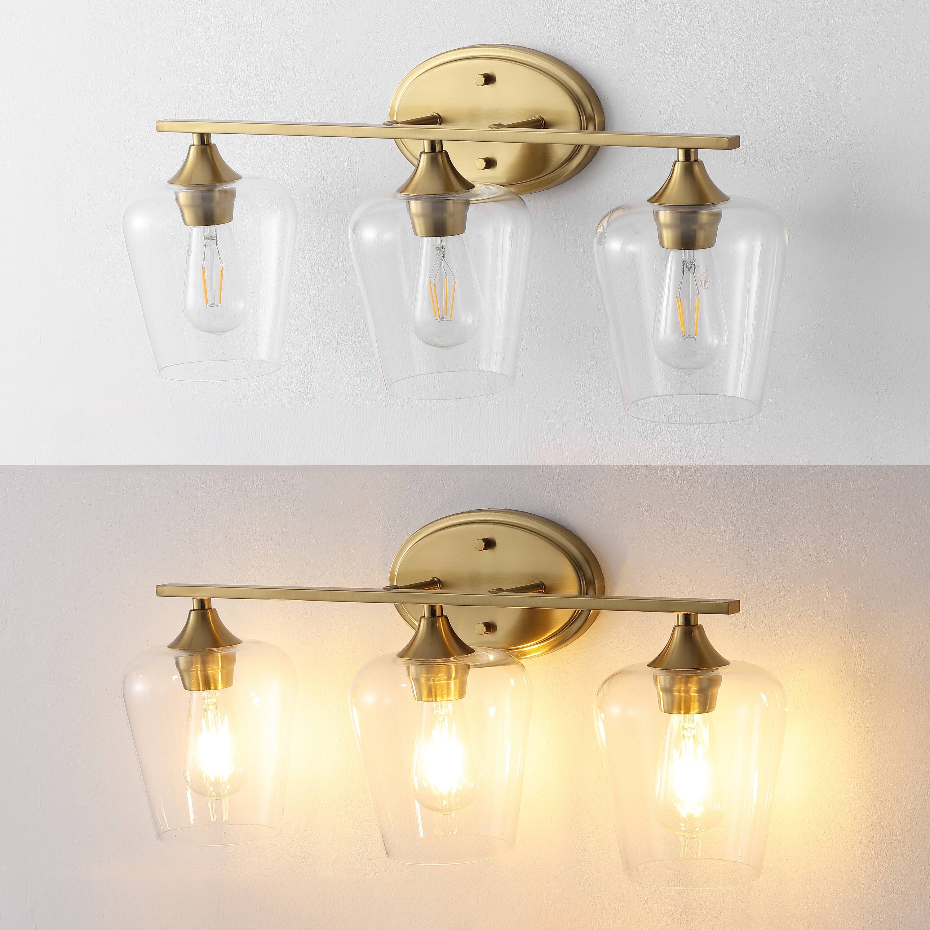 Alt View 4. Jonathan Y - Jayne 23" 3-Light Iron/Glass Cottage Rustic LED Vanity Light, Brass Gold - Brass Gold.