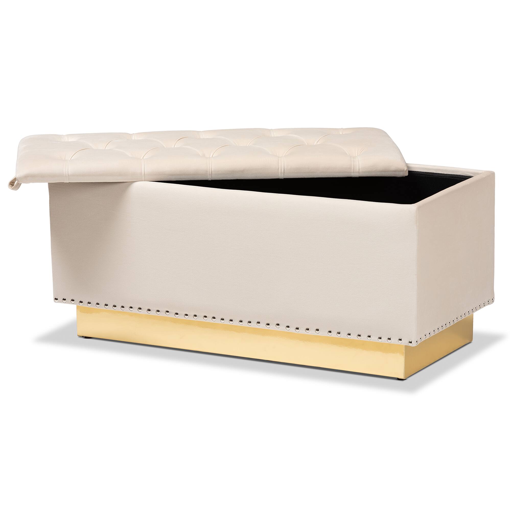 Angle. Baxton Studio - Powell Glam and Luxe Velvet Fabric Upholstered and Gold PU Leather Storage Ottoman - Beige/gold.