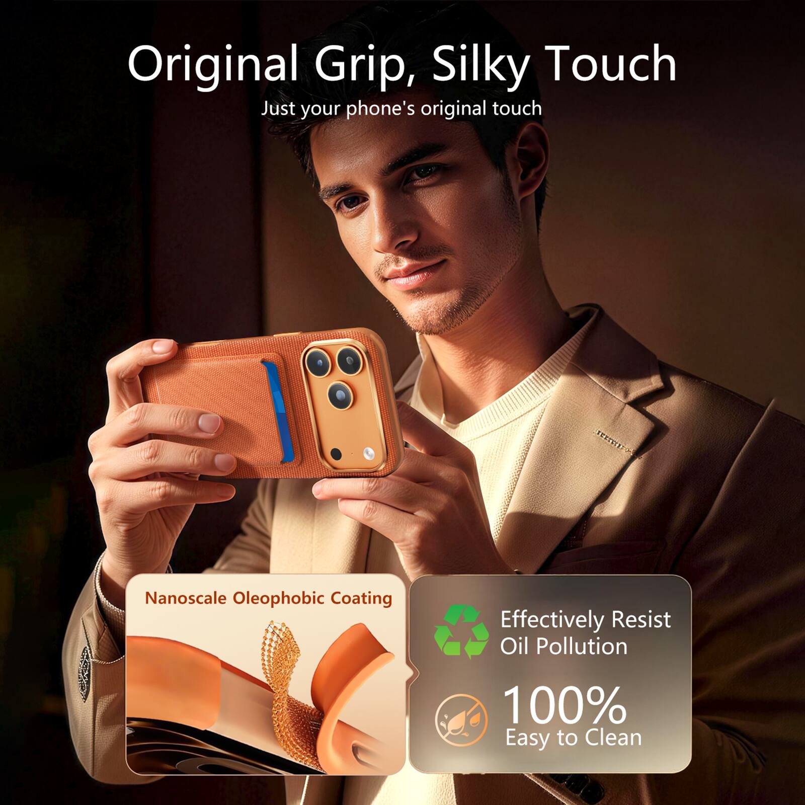 Original Grip, Silky Touch  
Just your phone's original touch  

Nanoscale Oleophobic Coating  
Effectively Resist Oil Pollution  
100% Easy to Clean