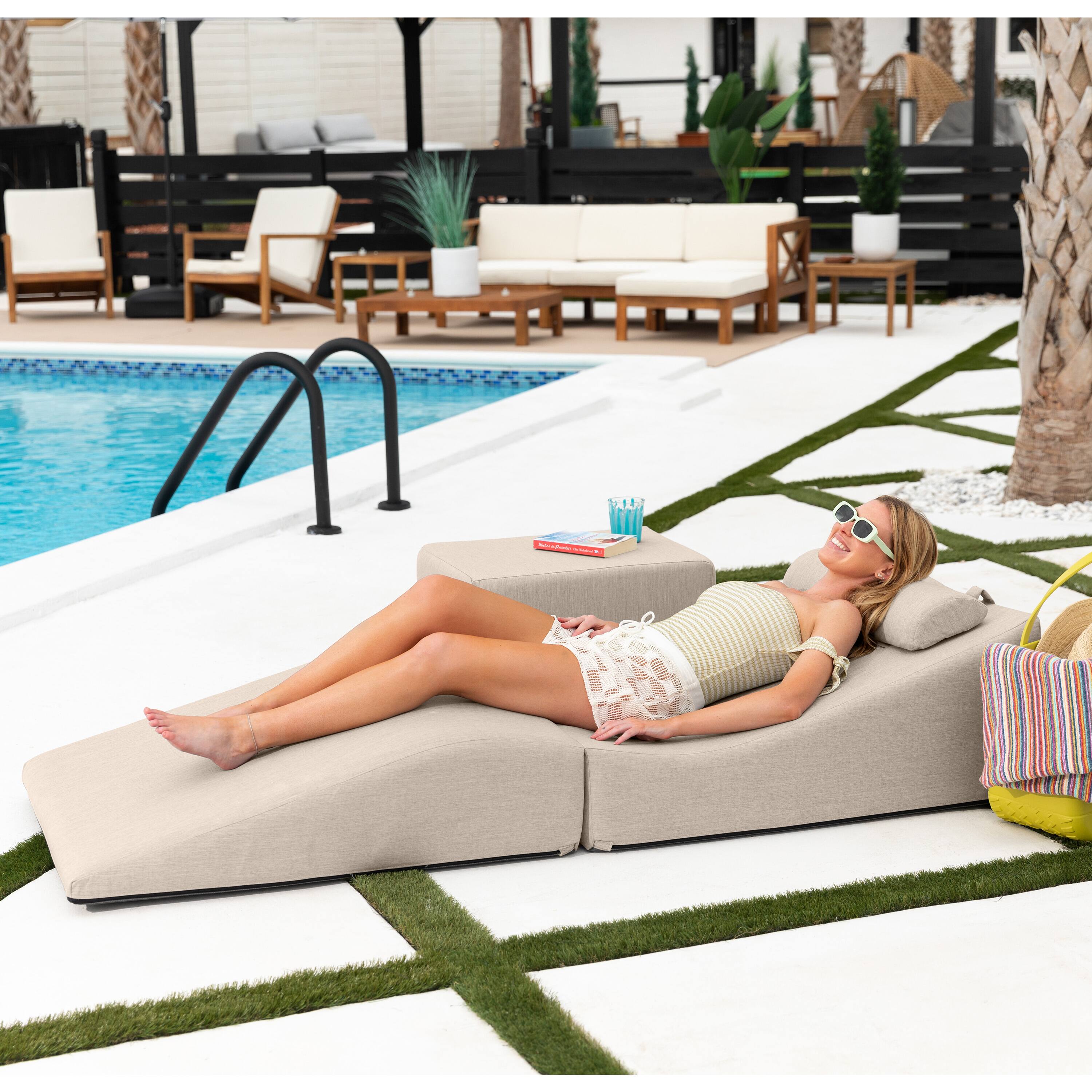 Left. Jaxx - Jaxx Clermont Sun Lounger - Luxurious Waterproof Poolside Lounge & Outdoor Chaise - Sunbrella Flax - Marine Grade Vinyl.