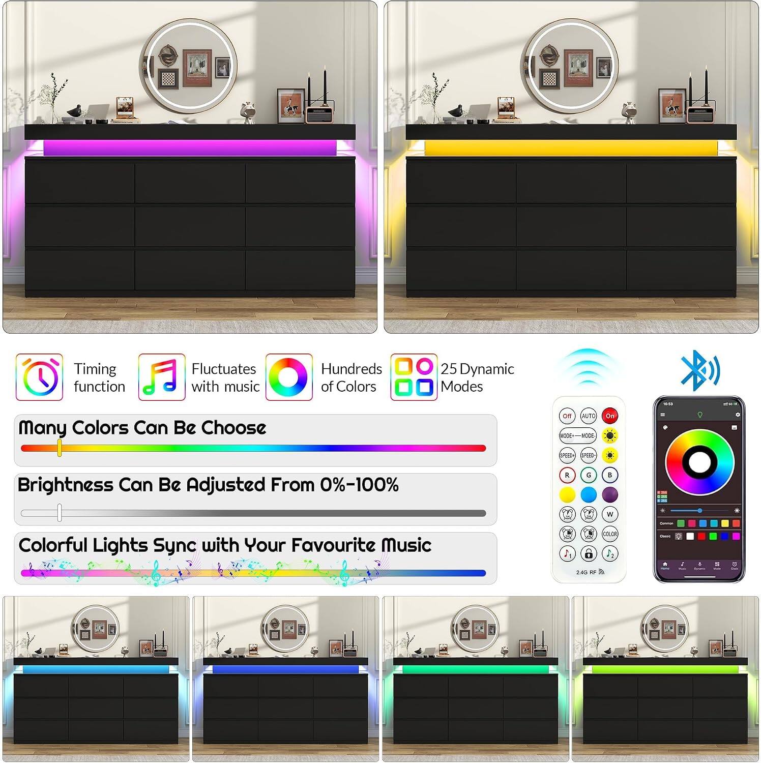 Timing function Fluctuates with music Hundreds of Colors 25 Dynamic Modes ... Many Colors Can Be Choose On NUTO On MODE MOOE--OOE - TU  Brightness Can Be Adjusted From 0%-100% i  8 T Y W Colorful Lights Sync with Your Favourite Music 1  UO h 2.40 o  0 .