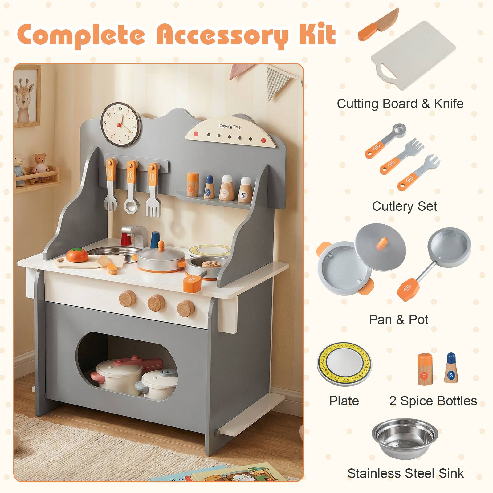 Complete Accessory Kit

- Cutting Board & Knife
- Cutlery Set
- Pan & Pot
- Plate
- 2 Spice Bottles
- Stainless Steel Sink