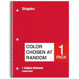 Staples - 1‑Subject Notebook, 8” x 10.5”, College Ruled, 70 Sheets, Assorted Colors - Color chosen at random