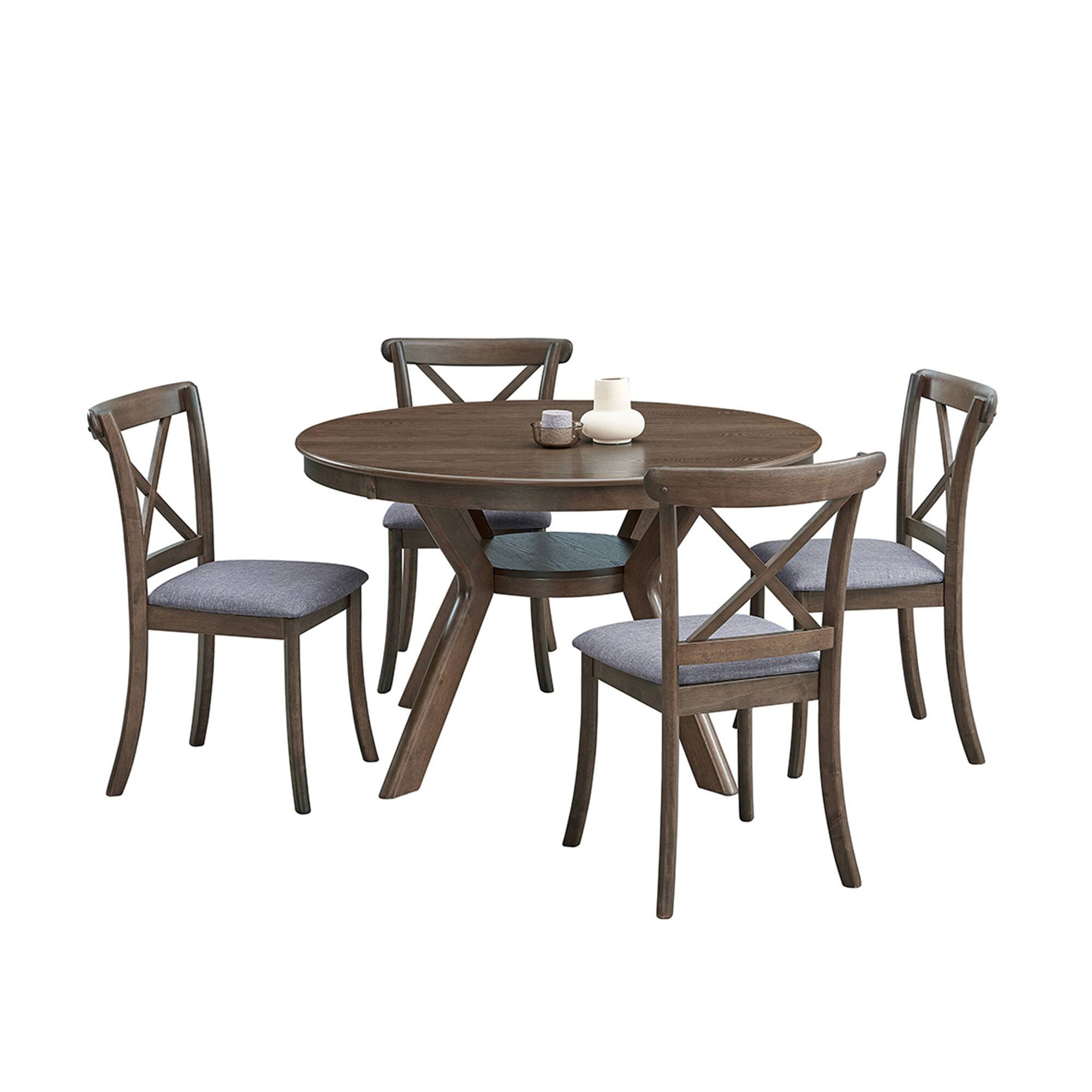 Alt View 2. TinyHomie - Round Rubber Wood Dining Table 4-6 Seats Wooden Trestle Base Oak - Brown.