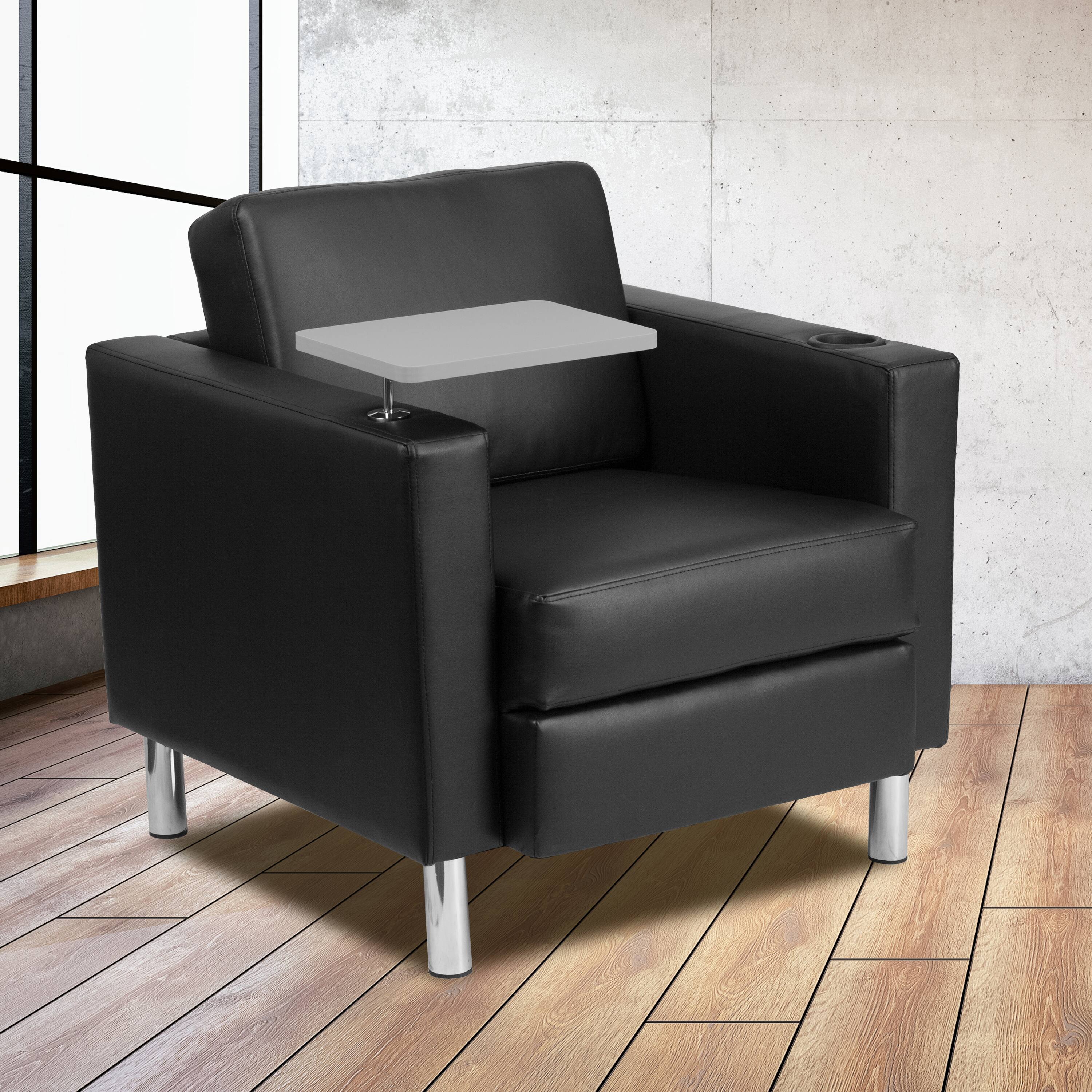 Alt View 1. Emma + Oliver - Guest Chair with Tablet Arm, Tall Chrome Legs and Cup Holder - Black LeatherSoft.