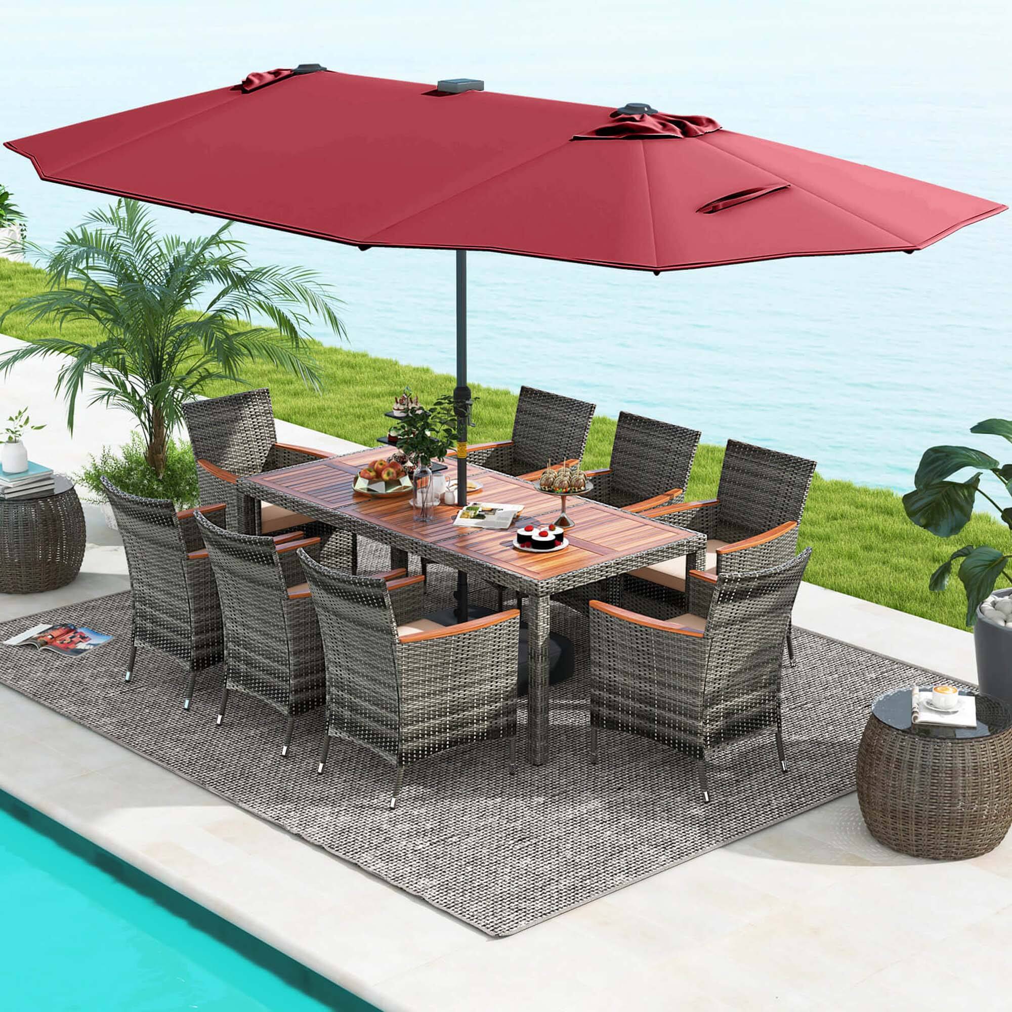 Alt View 4. Costway - 11 PCS Patio Dining Set with 15 ft Double-Sided Patio Umbrella 8 Armchairs - Mix Gray,Beige,Wine.