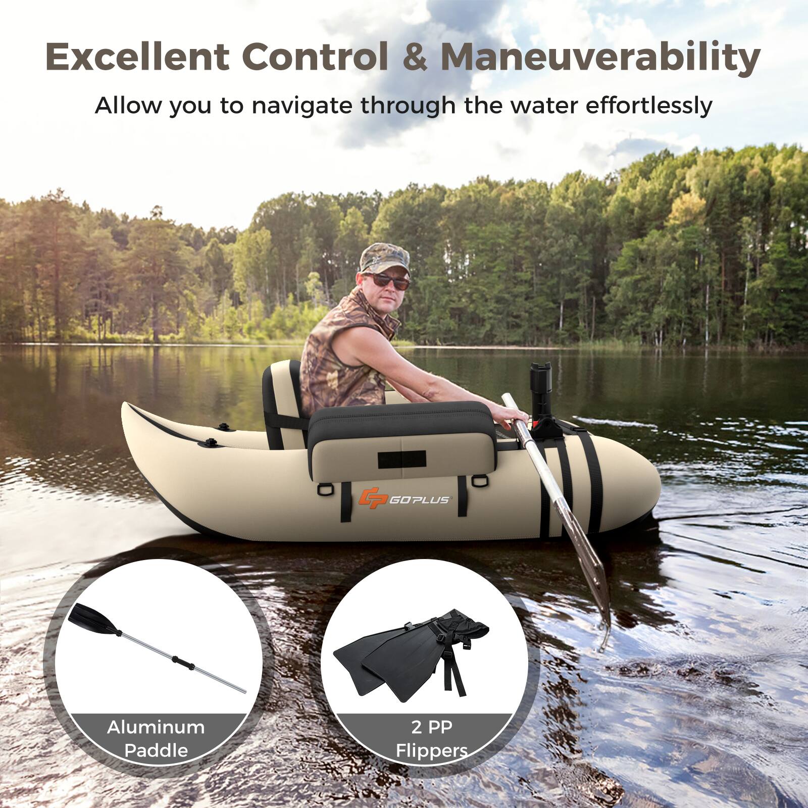 Excellent Control & Maneuverability  
Allow you to navigate through the water effortlessly  

GOPLUS Aluminum Paddle  
2 PP Flippers