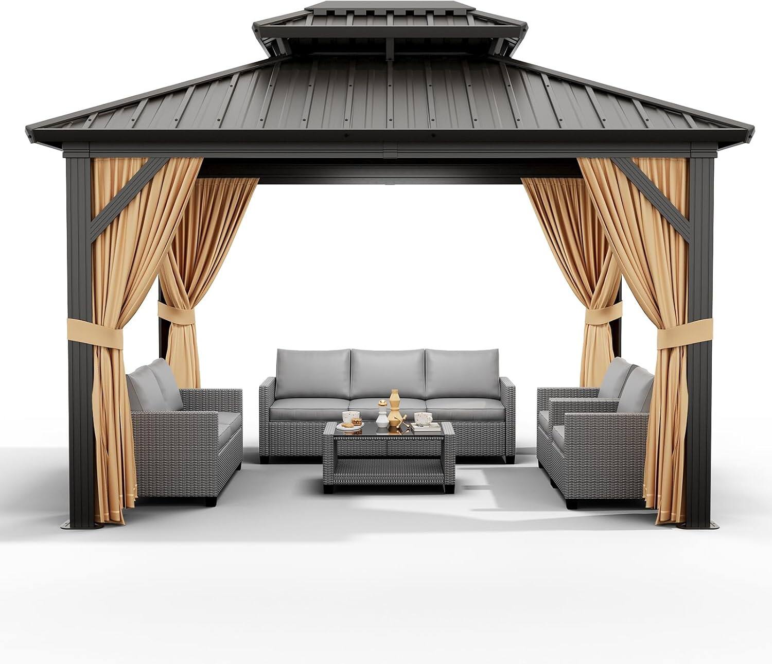 Front. Acekool - 10'x10' Hardtop Gazebo, Heavy Duty Aluminum Frame, Double Tin Roof, Curtains & Netting, Outdoor Pavilion, Black - Black.