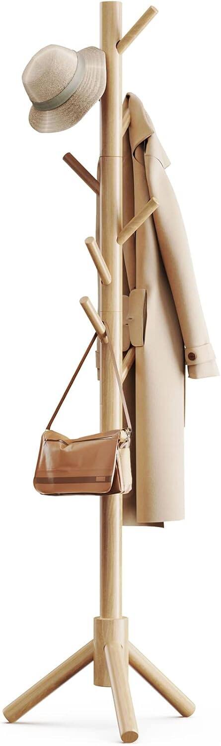 Alt View 3. Pipishell - Pipishell Solid Wood Freestanding Coat Rack, 8 Hooks, 3 Adjustable Heights, Easy Assembly - Natural color.